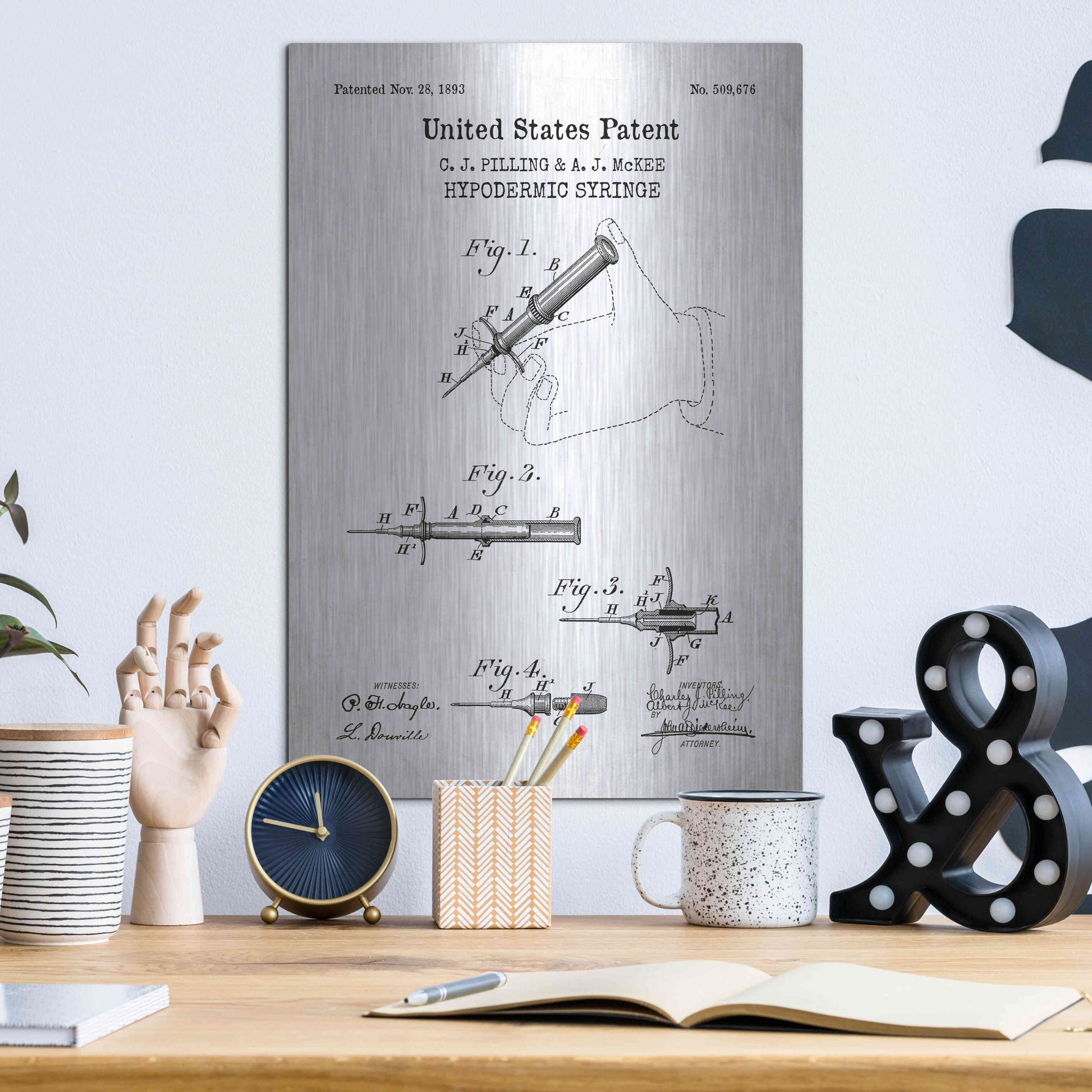 Luxe Metal Art 'Hypodermic Syringe Blueprint Patent White' Acrylic Glass Wall Art,12x16