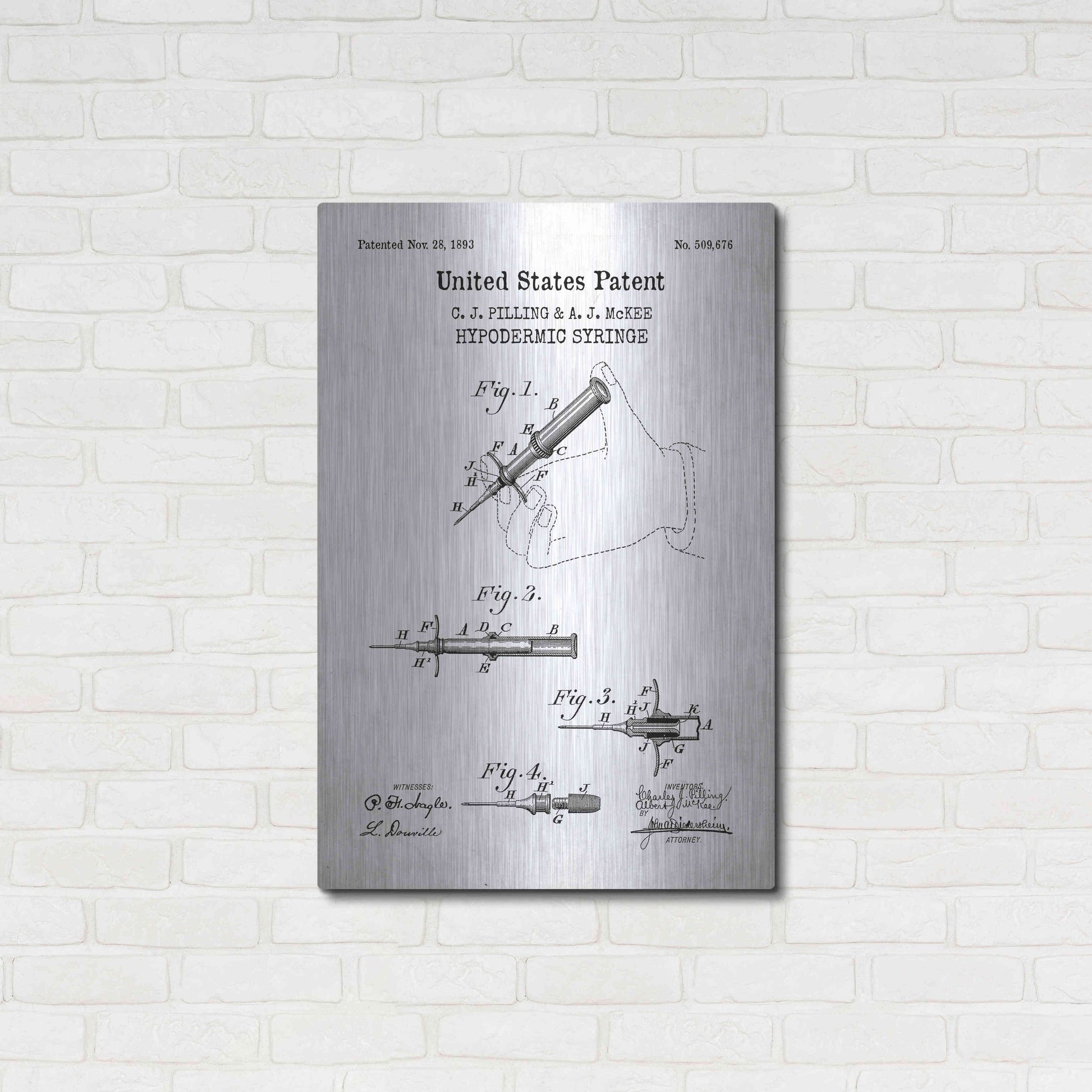 Luxe Metal Art 'Hypodermic Syringe Blueprint Patent White' Acrylic Glass Wall Art,24x36