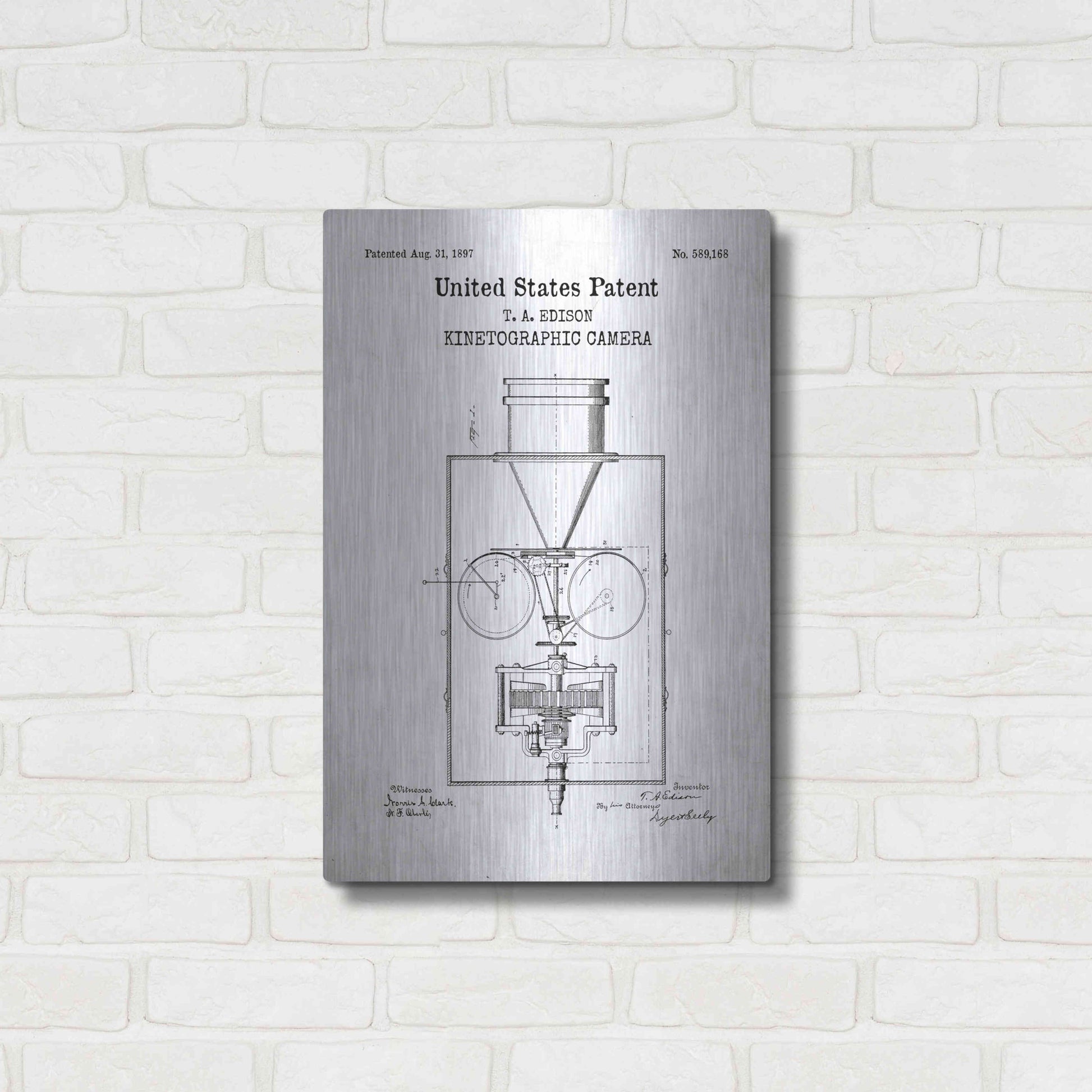 Luxe Metal Art 'Kinetographic Camera Blueprint Patent White' Acrylic Glass Wall Art,16x24