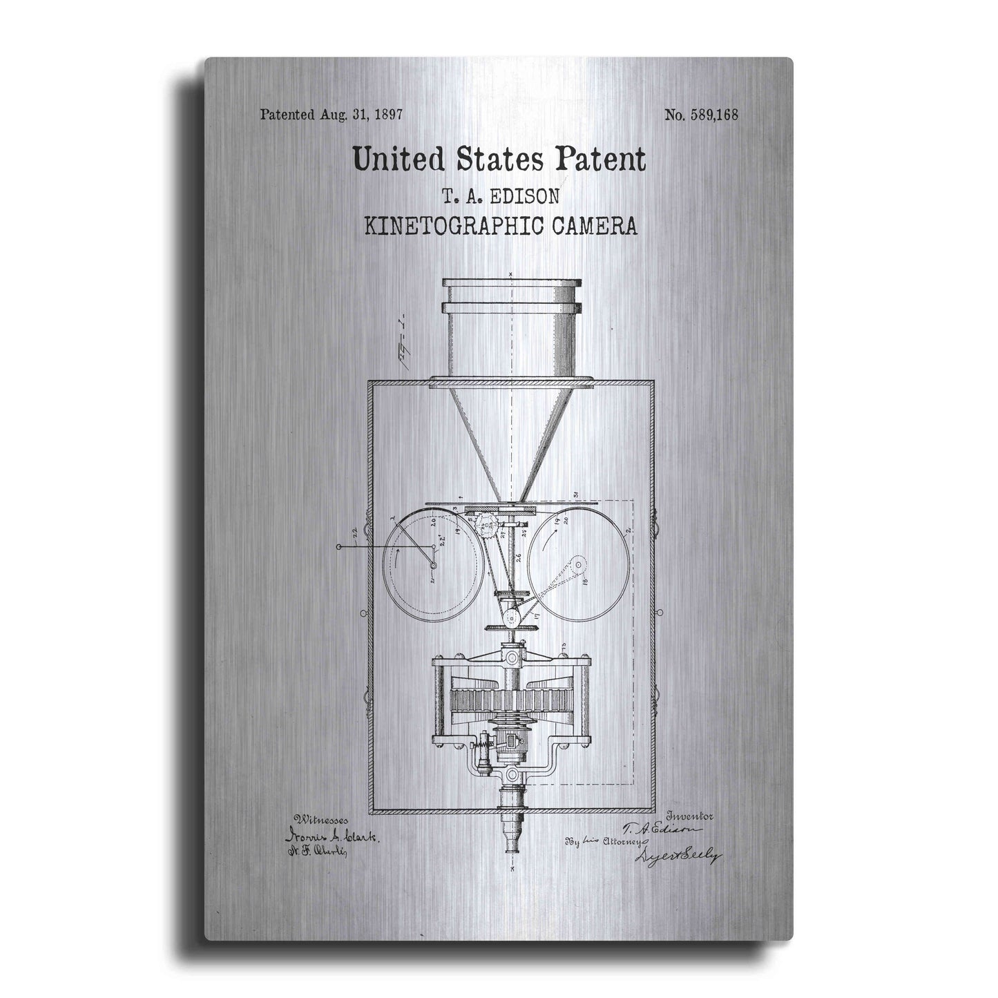 Luxe Metal Art 'Kinetographic Camera Blueprint Patent White' Acrylic Glass Wall Art