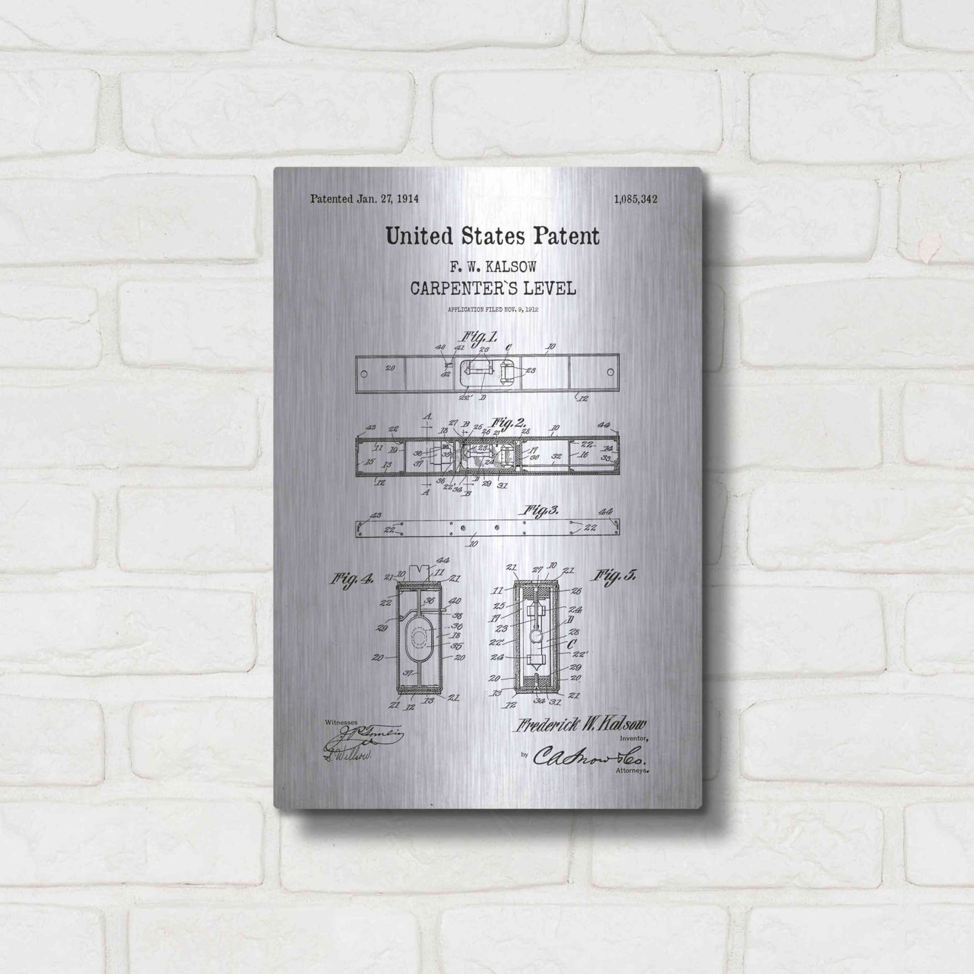 Luxe Metal Art 'Carpenter's Level Blueprint Patent White' Acrylic Glass Wall Art,12x16