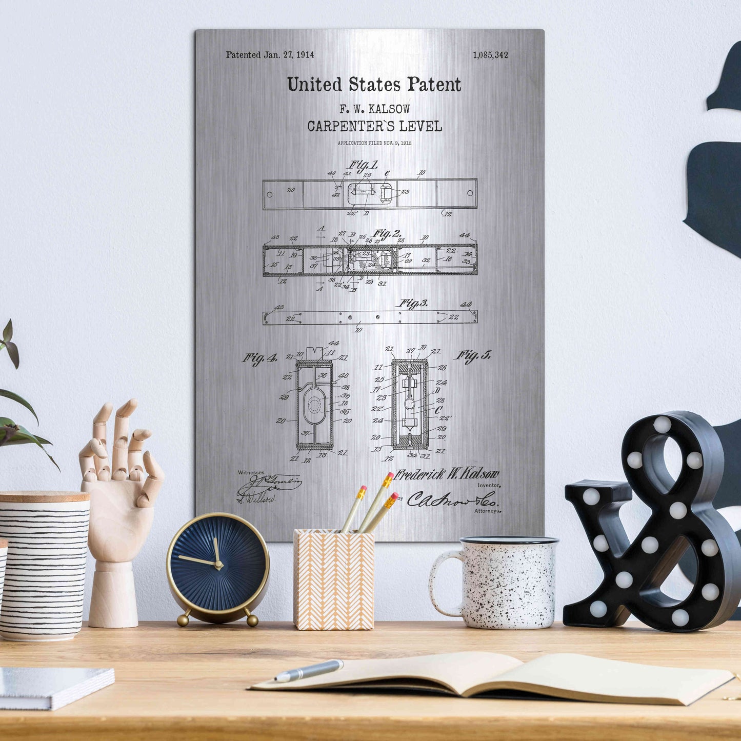 Luxe Metal Art 'Carpenter's Level Blueprint Patent White' Acrylic Glass Wall Art,12x16