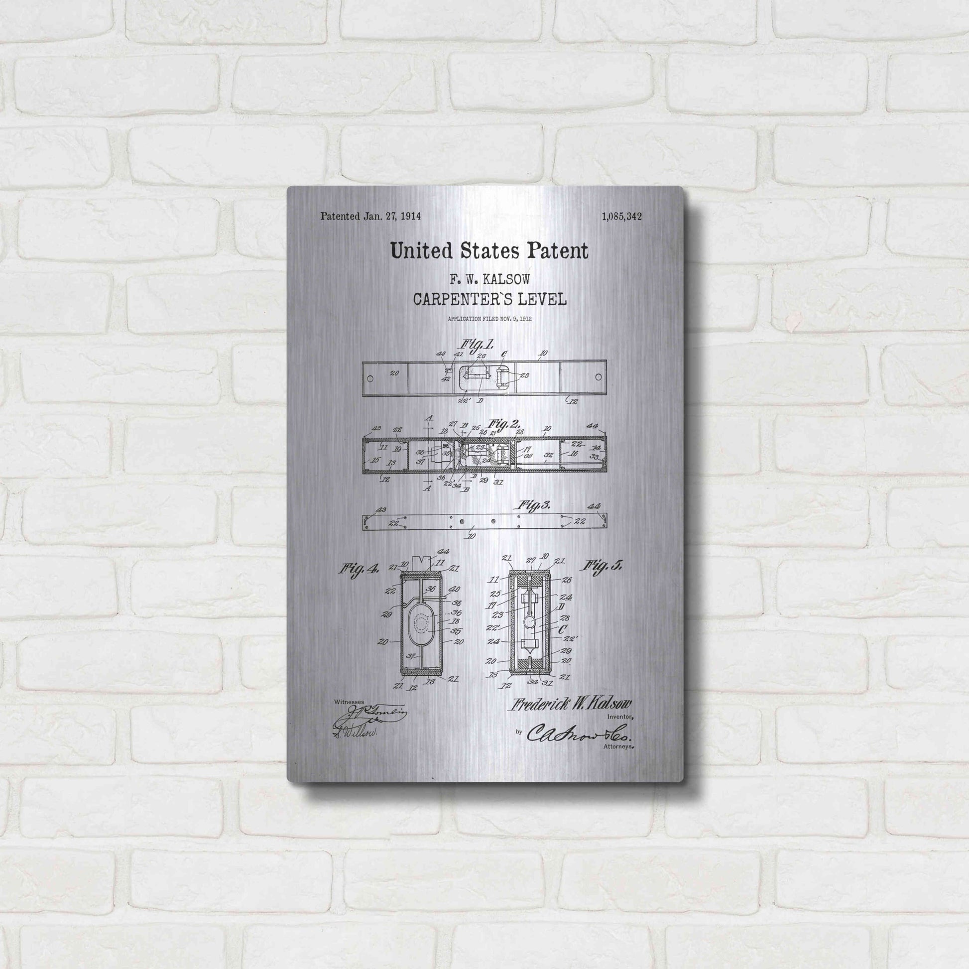 Luxe Metal Art 'Carpenter's Level Blueprint Patent White' Acrylic Glass Wall Art,16x24