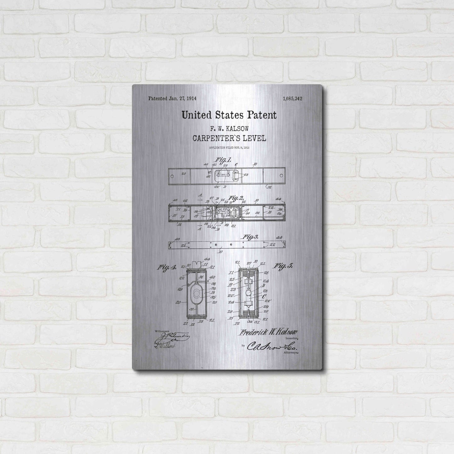 Luxe Metal Art 'Carpenter's Level Blueprint Patent White' Acrylic Glass Wall Art,24x36