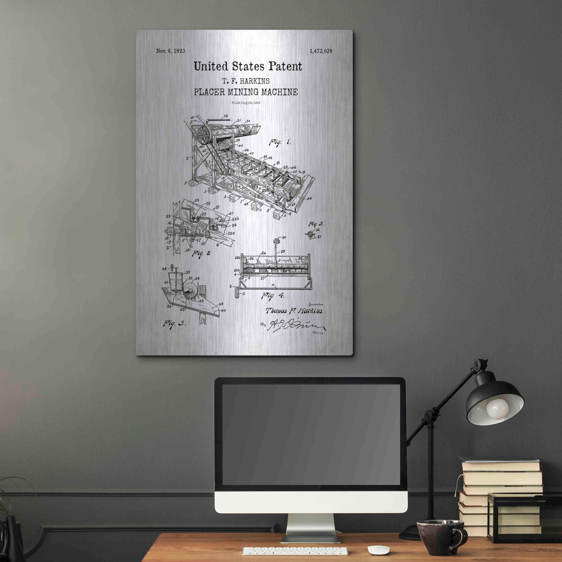 Luxe Metal Art 'Mining Machine Blueprint Patent White' Acrylic Glass Wall Art,24x36