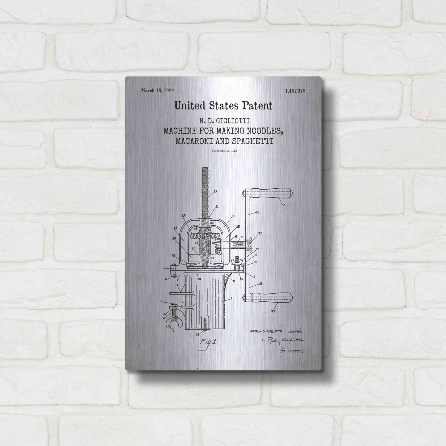 Luxe Metal Art 'Noodle Maker Blueprint Patent White' Acrylic Glass Wall Art,12x16