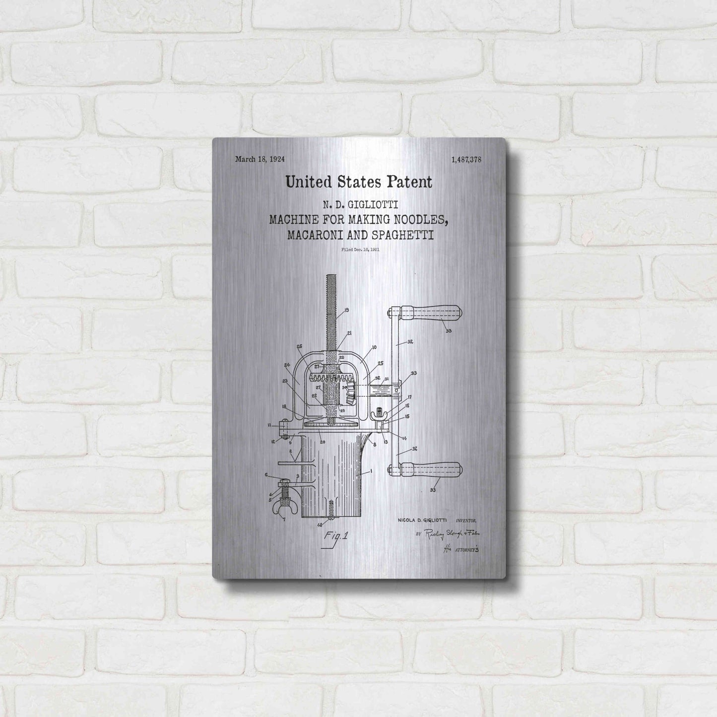 Luxe Metal Art 'Noodle Maker Blueprint Patent White' Acrylic Glass Wall Art,16x24