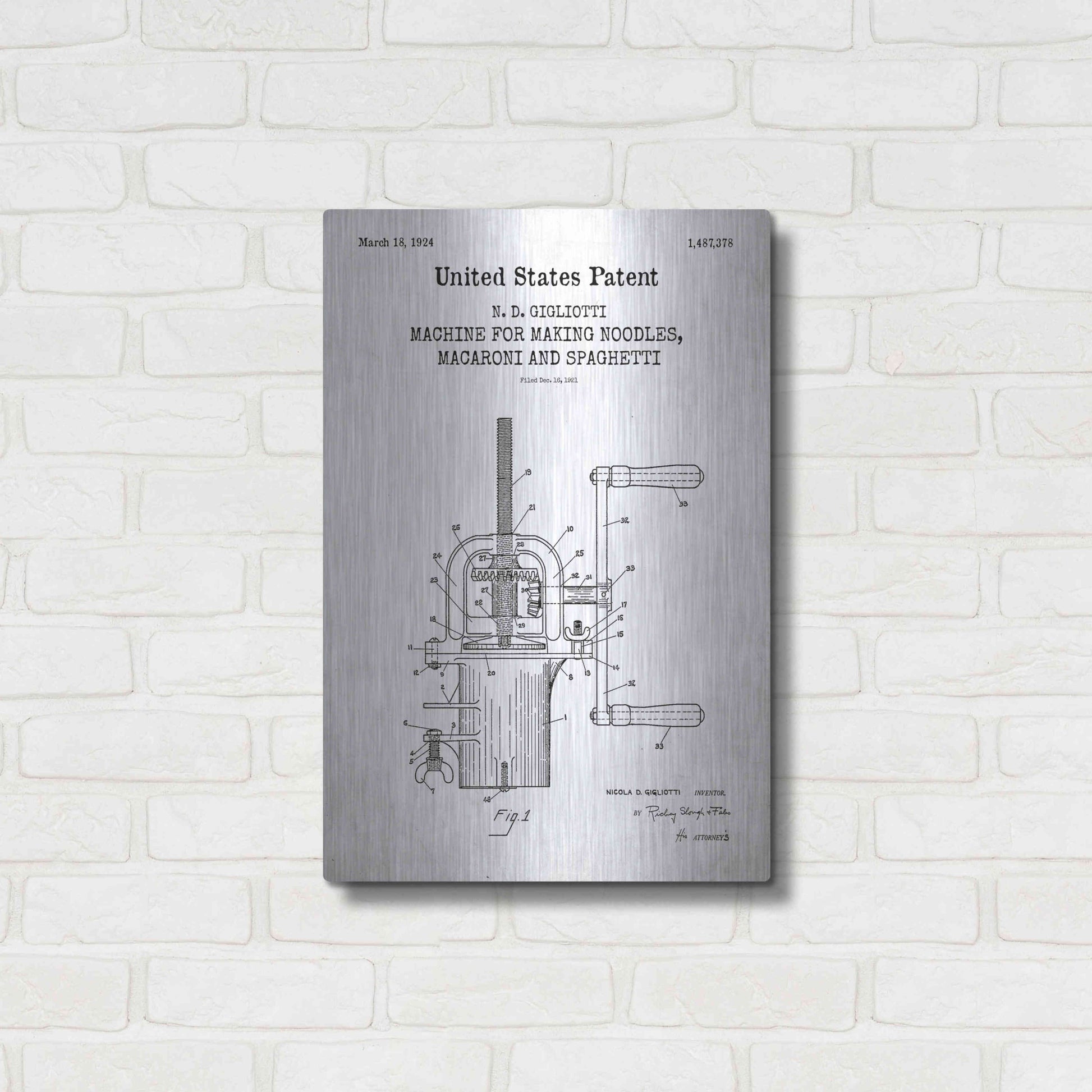 Luxe Metal Art 'Noodle Maker Blueprint Patent White' Acrylic Glass Wall Art,16x24