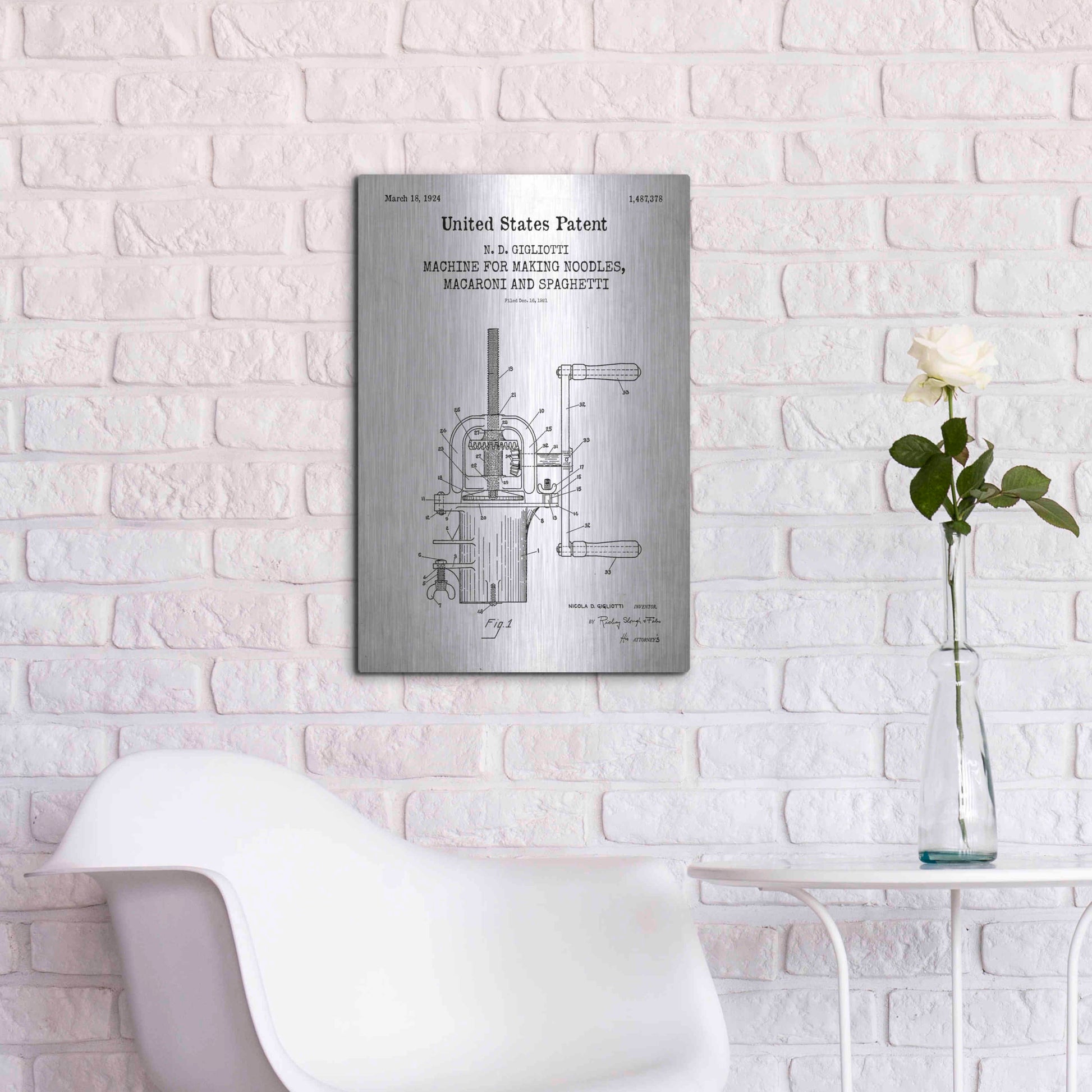 Luxe Metal Art 'Noodle Maker Blueprint Patent White' Acrylic Glass Wall Art,16x24