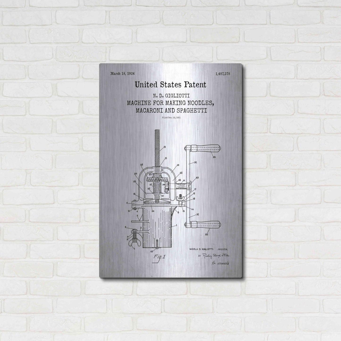 Luxe Metal Art 'Noodle Maker Blueprint Patent White' Acrylic Glass Wall Art,24x36