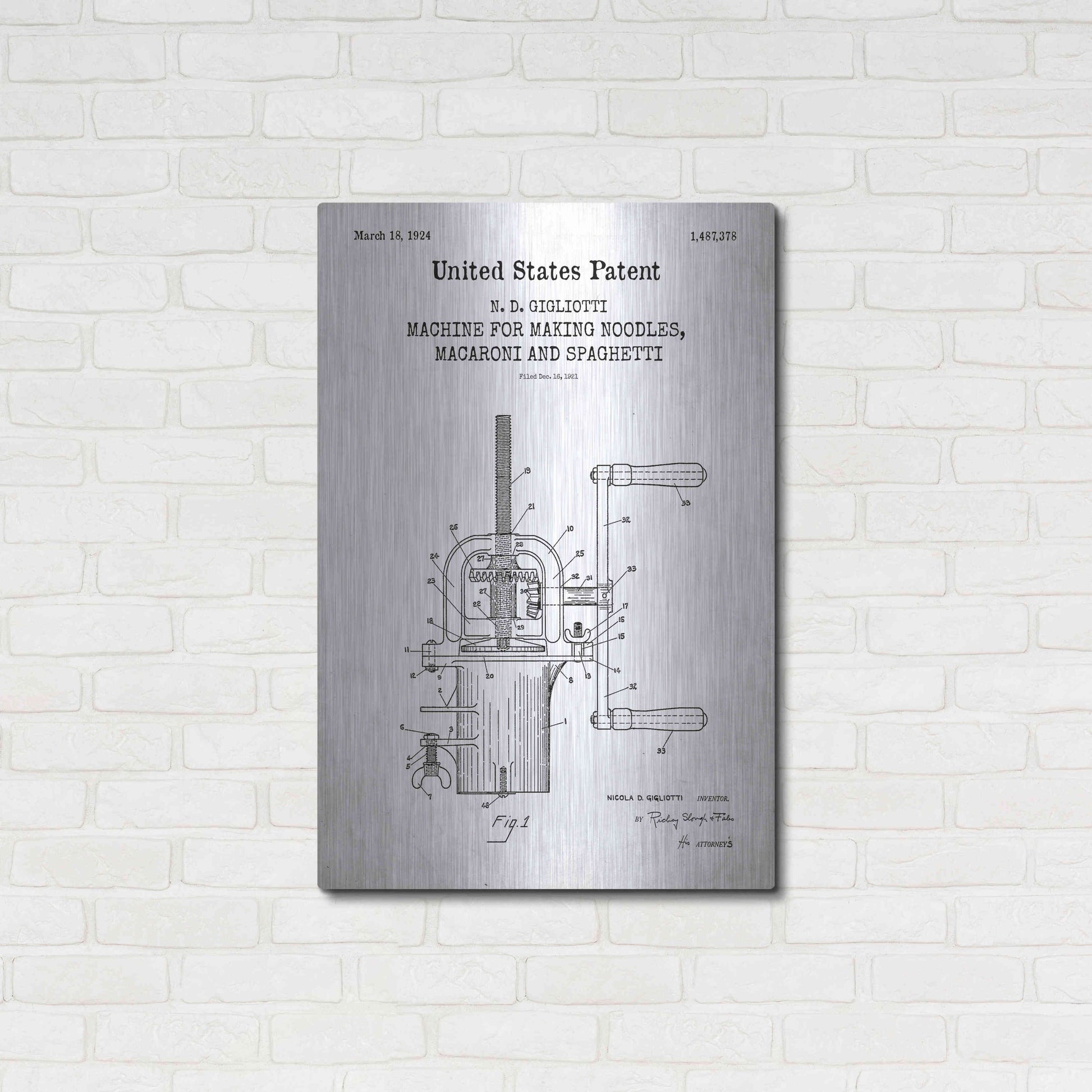 Luxe Metal Art 'Noodle Maker Blueprint Patent White' Acrylic Glass Wall Art,24x36