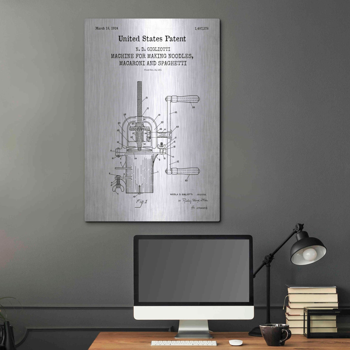 Luxe Metal Art 'Noodle Maker Blueprint Patent White' Acrylic Glass Wall Art,24x36