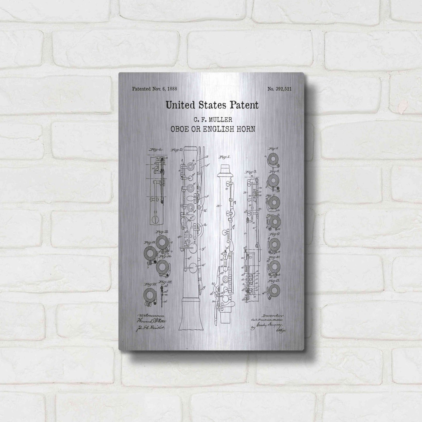 Luxe Metal Art 'Oboe Blueprint Patent White' Acrylic Glass Wall Art,12x16