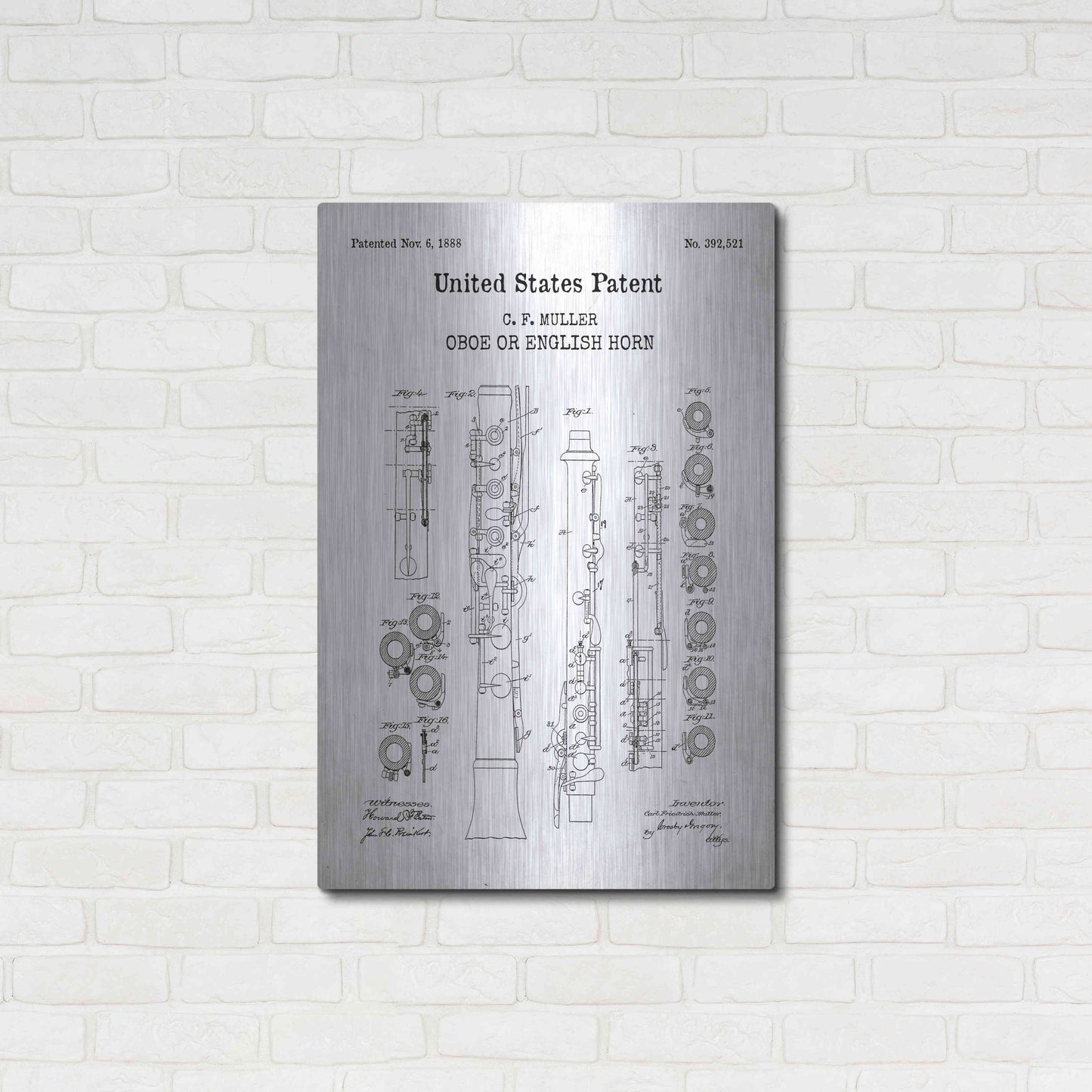 Luxe Metal Art 'Oboe Blueprint Patent White' Acrylic Glass Wall Art,24x36