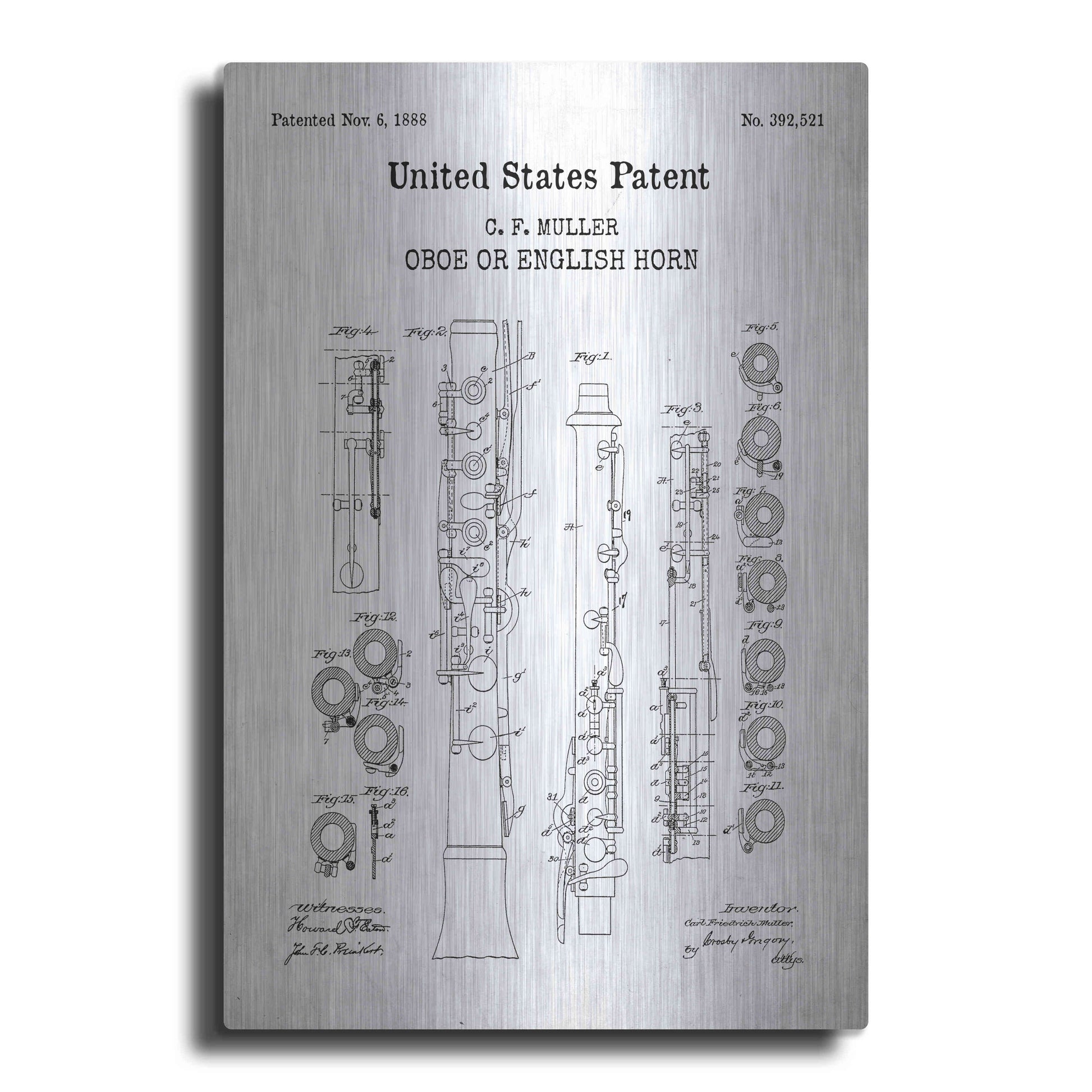 Luxe Metal Art 'Oboe Blueprint Patent White' Acrylic Glass Wall Art