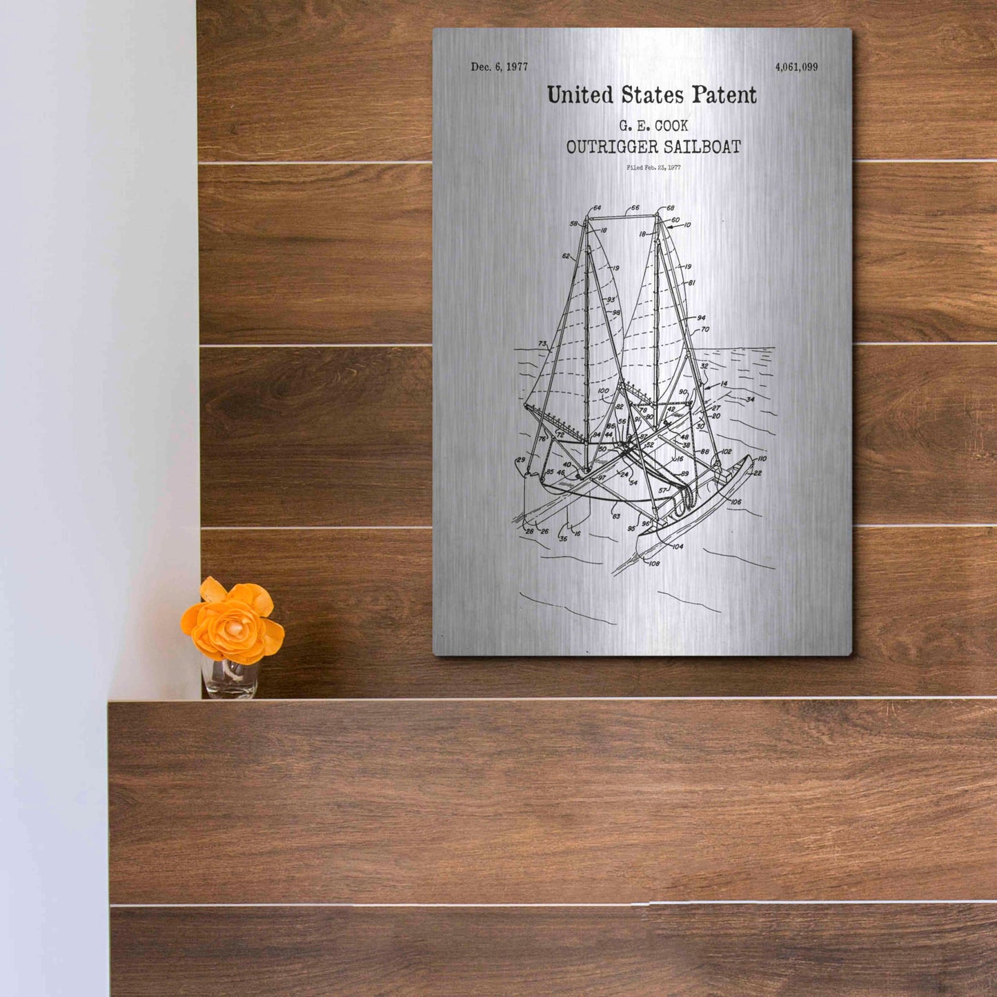 Luxe Metal Art 'Outrigger Sailboat Blueprint Patent White' Acrylic Glass Wall Art,12x16