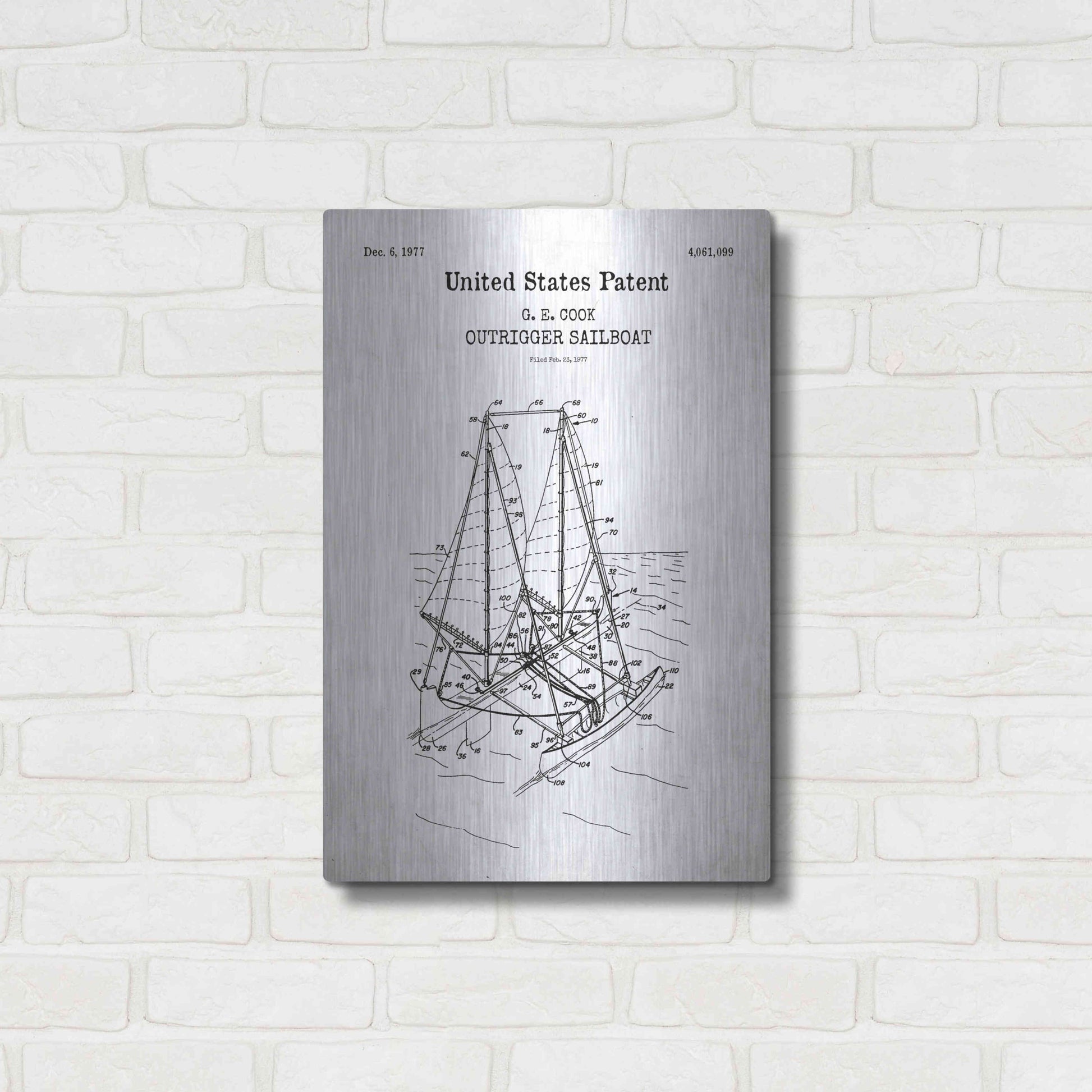 Luxe Metal Art 'Outrigger Sailboat Blueprint Patent White' Acrylic Glass Wall Art,16x24