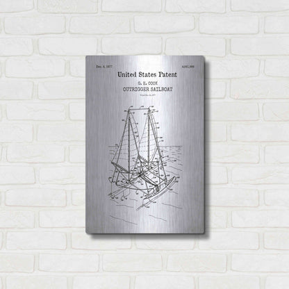 Luxe Metal Art 'Outrigger Sailboat Blueprint Patent White' Acrylic Glass Wall Art,16x24