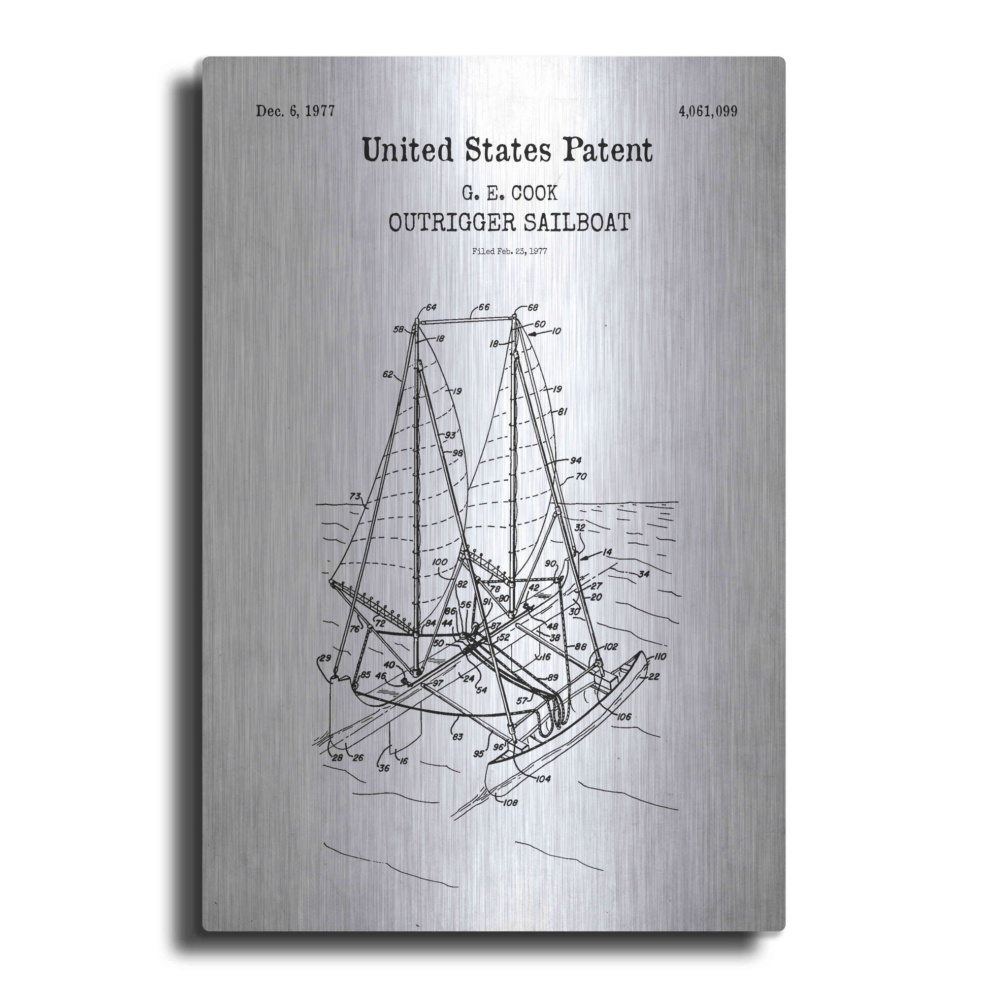 Luxe Metal Art 'Outrigger Sailboat Blueprint Patent White' Acrylic Glass Wall Art