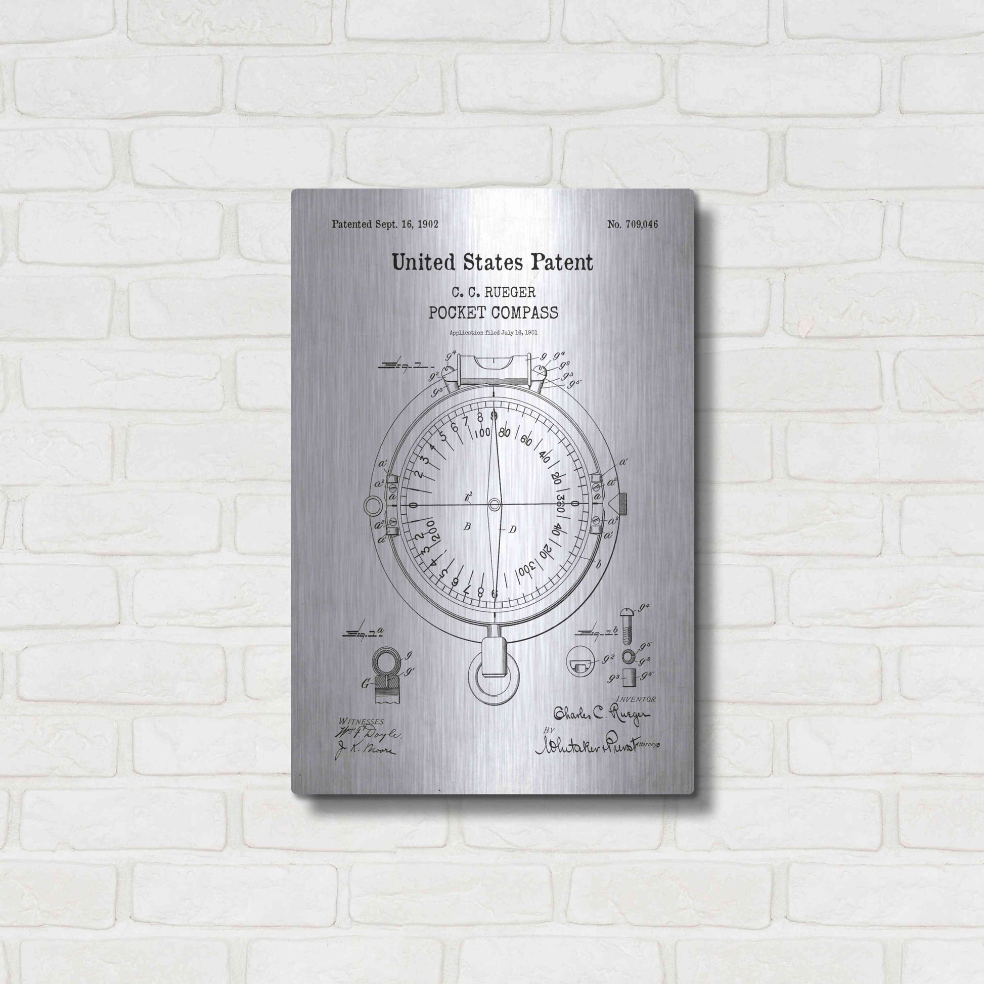 Luxe Metal Art 'Pocket Compass Blueprint Patent White' Acrylic Glass Wall Art,16x24