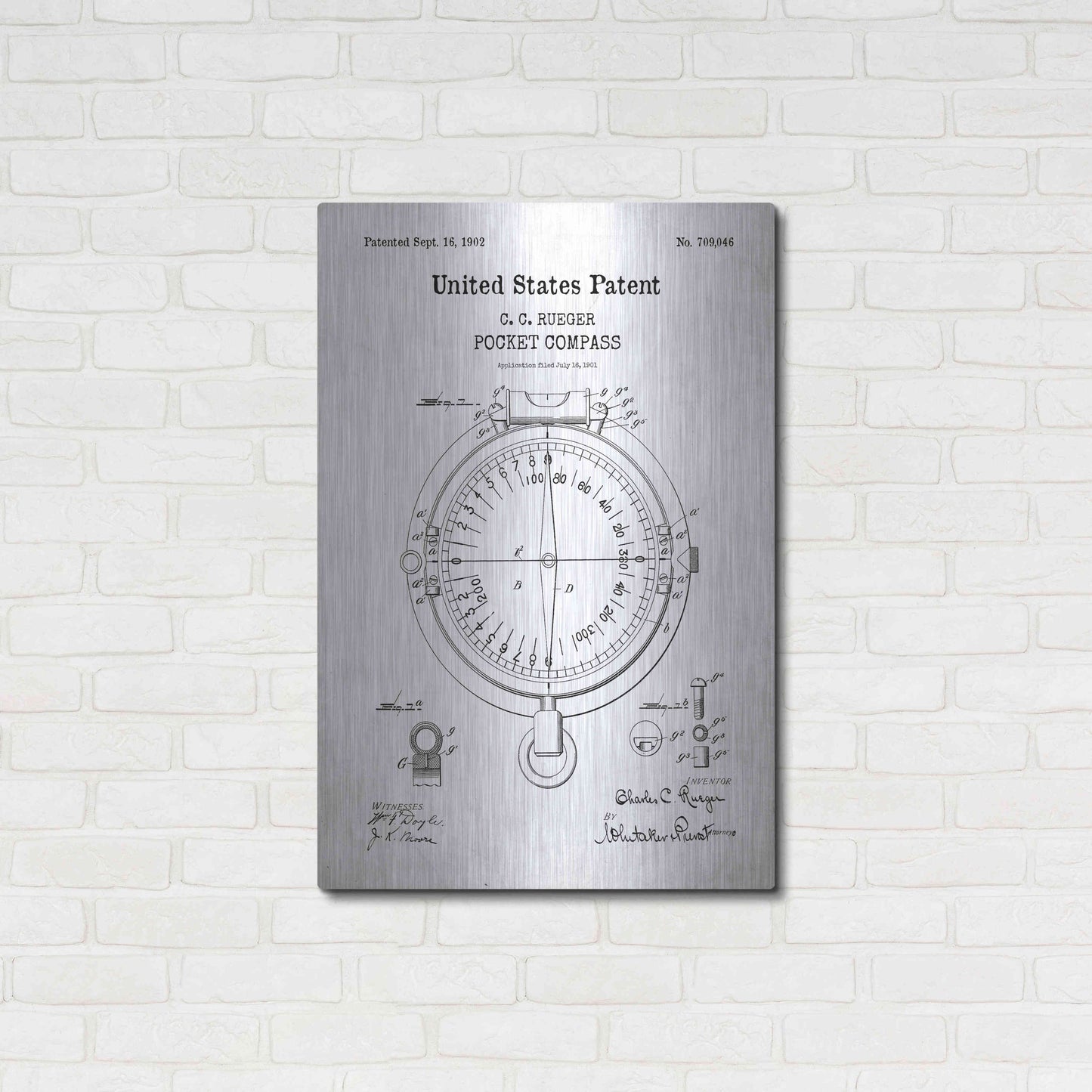 Luxe Metal Art 'Pocket Compass Blueprint Patent White' Acrylic Glass Wall Art,24x36