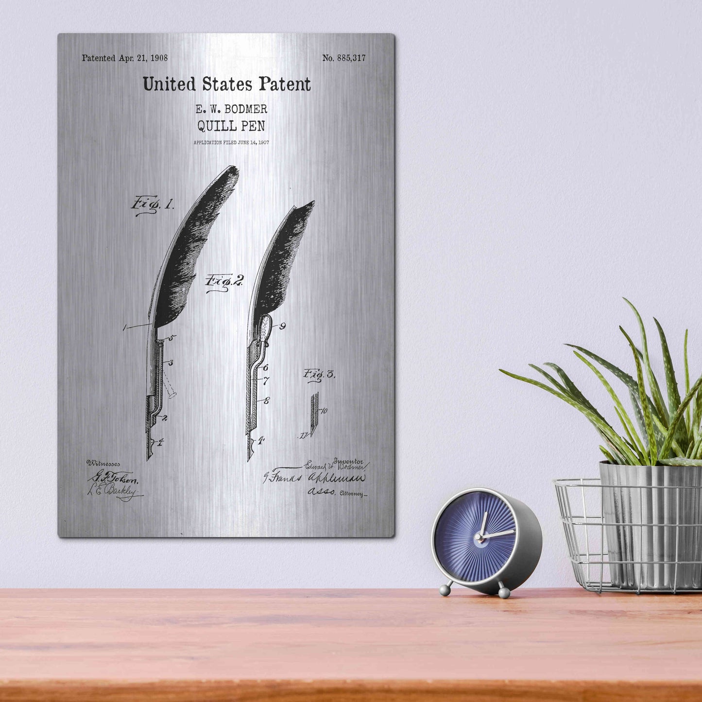 Luxe Metal Art 'Quill Pen Blueprint Patent White' Acrylic Glass Wall Art,12x16