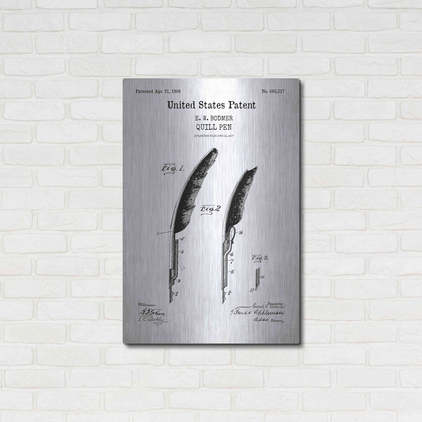 Luxe Metal Art 'Quill Pen Blueprint Patent White' Acrylic Glass Wall Art,24x36