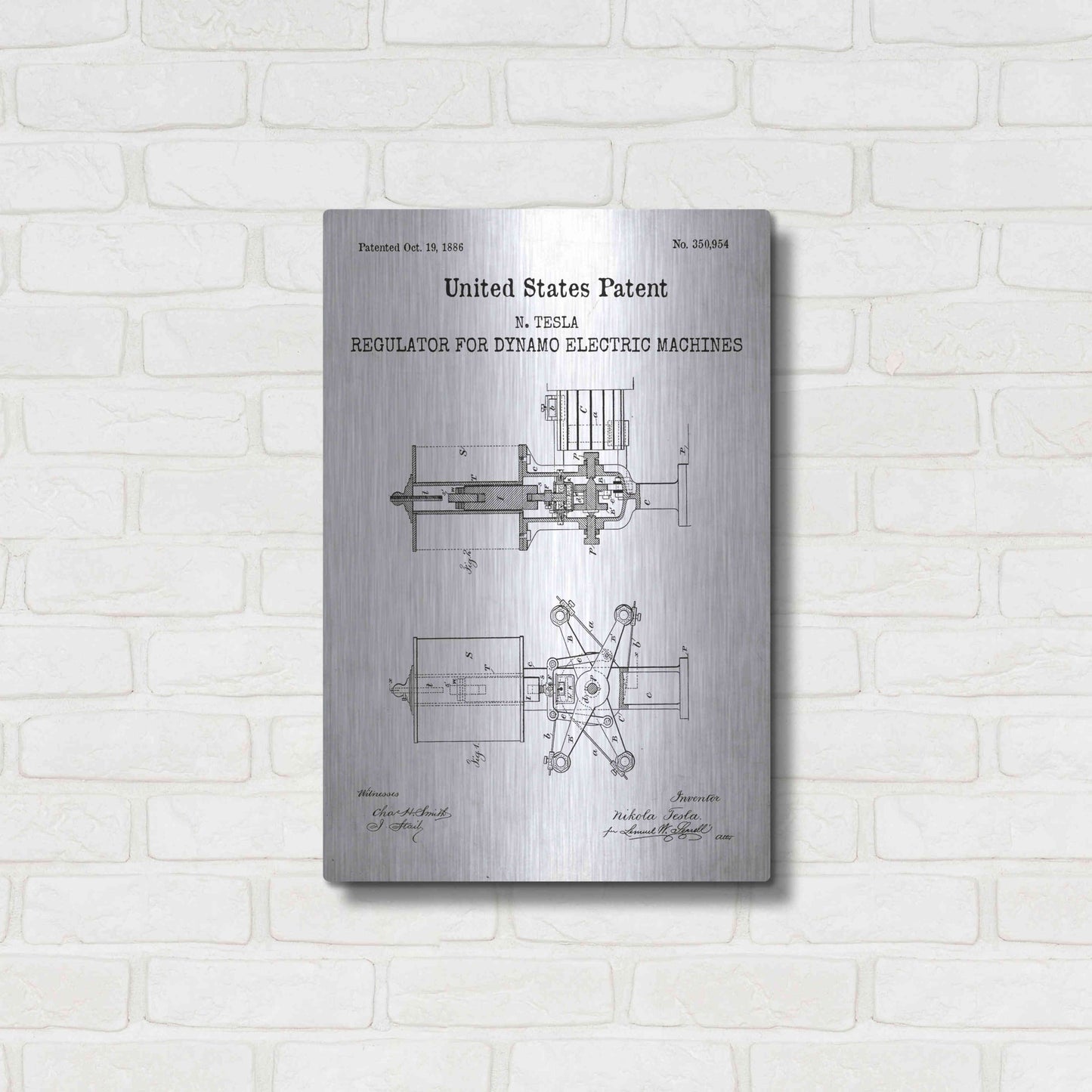 Luxe Metal Art 'Tesla's Regulator for Electric Machines Blueprint Patent White' Acrylic Glass Wall Art,16x24