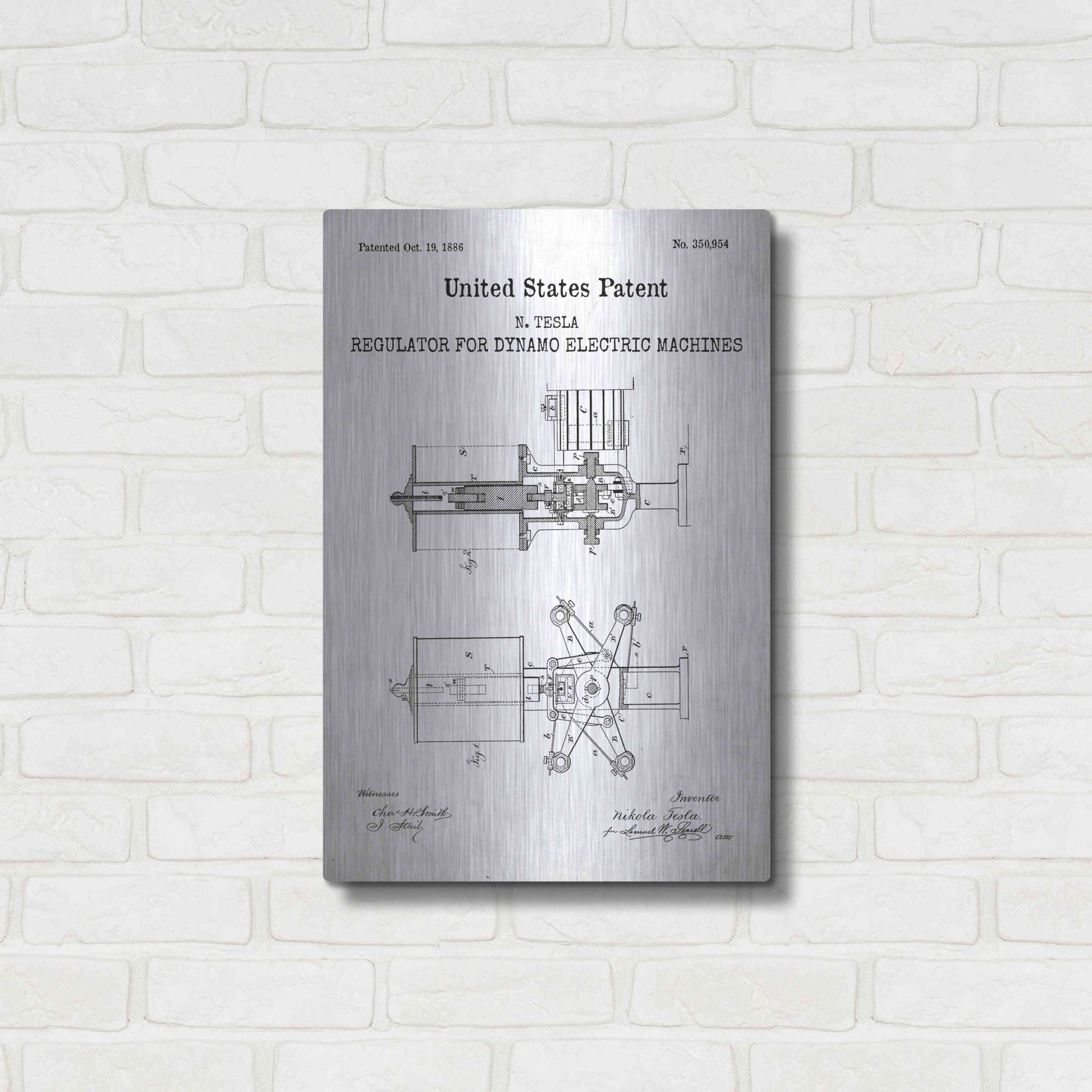 Luxe Metal Art 'Tesla's Regulator for Electric Machines Blueprint Patent White' Acrylic Glass Wall Art,16x24