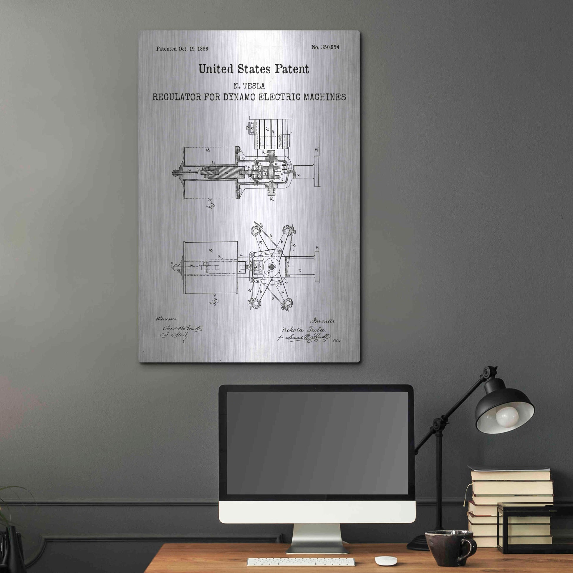 Luxe Metal Art 'Tesla's Regulator for Electric Machines Blueprint Patent White' Acrylic Glass Wall Art,24x36