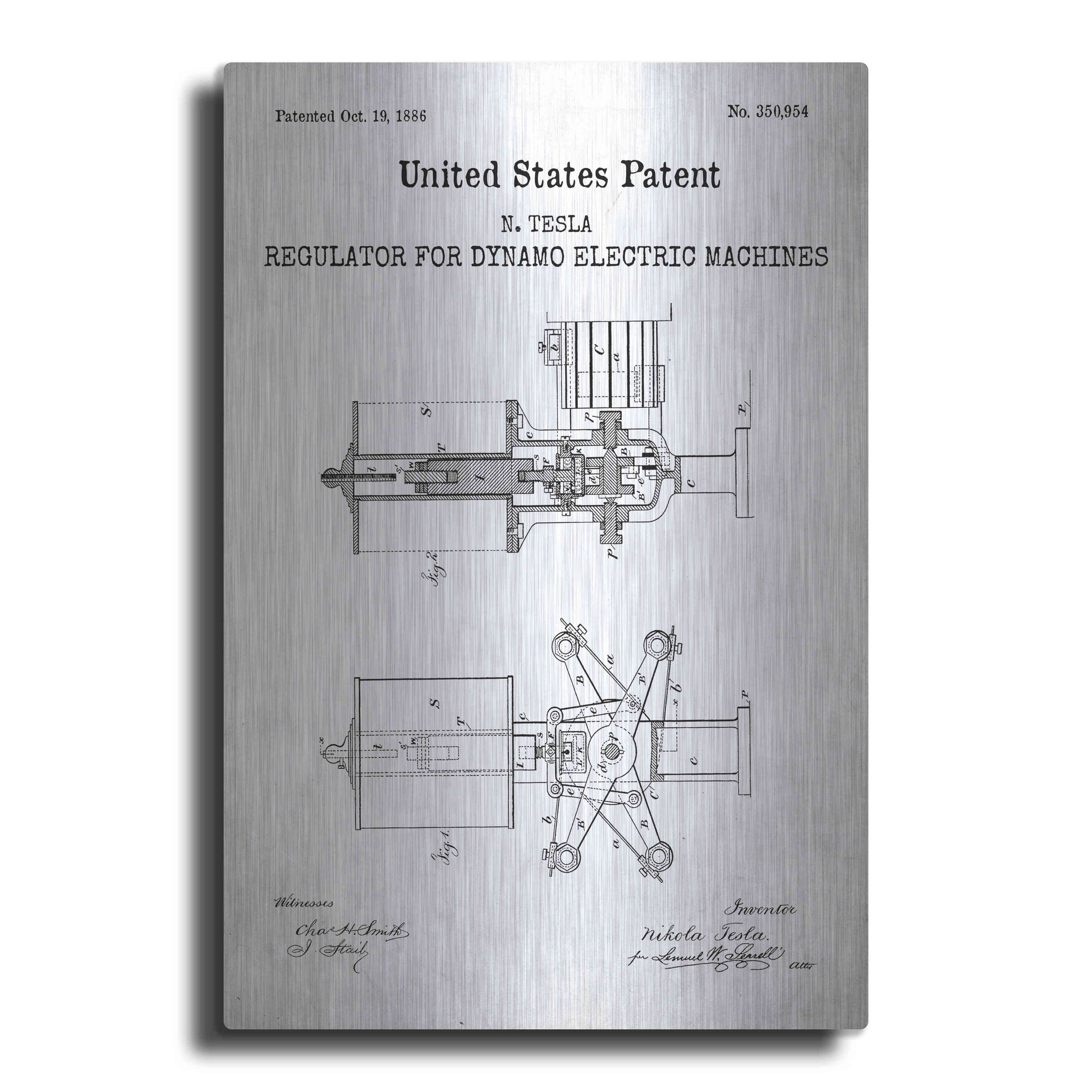 Luxe Metal Art 'Tesla's Regulator for Electric Machines Blueprint Patent White' Acrylic Glass Wall Art