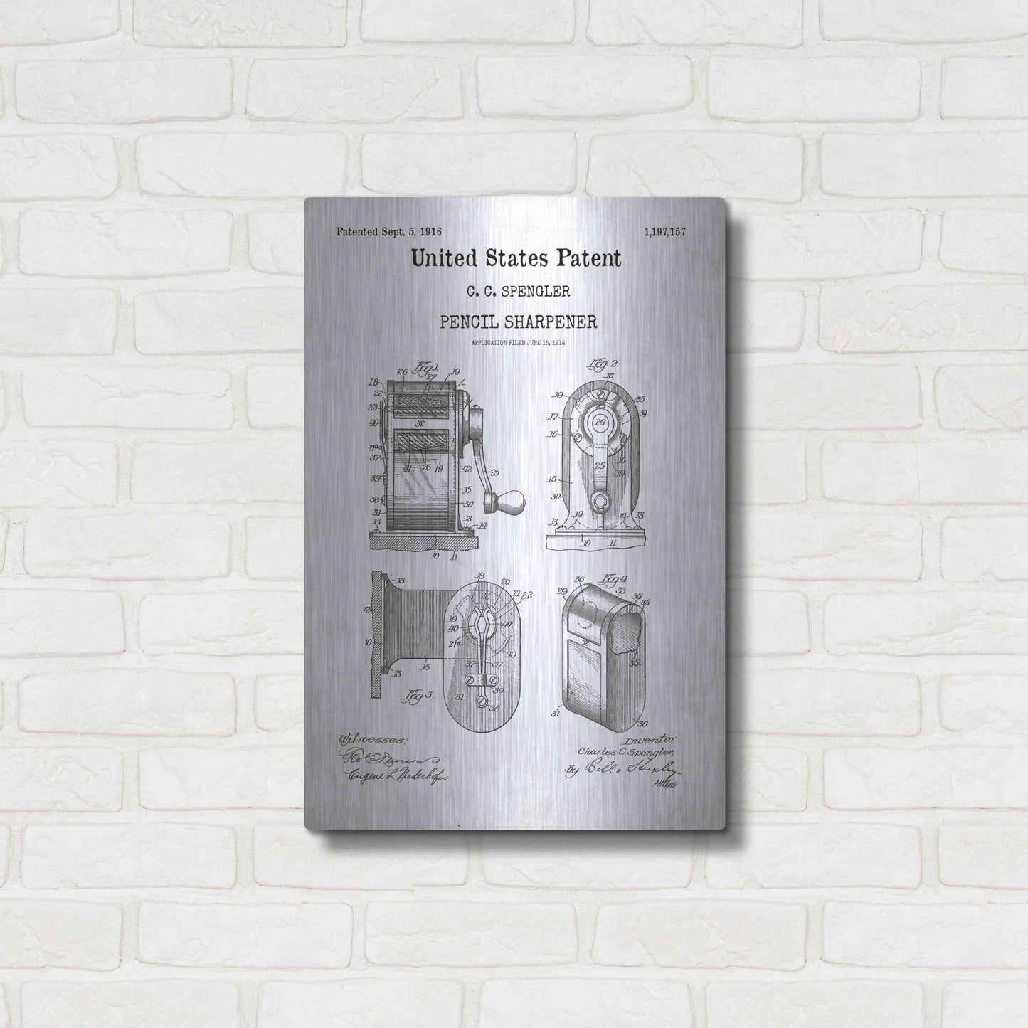 Luxe Metal Art 'Pencil Sharpener Blueprint Patent White' Acrylic Glass Wall Art,16x24