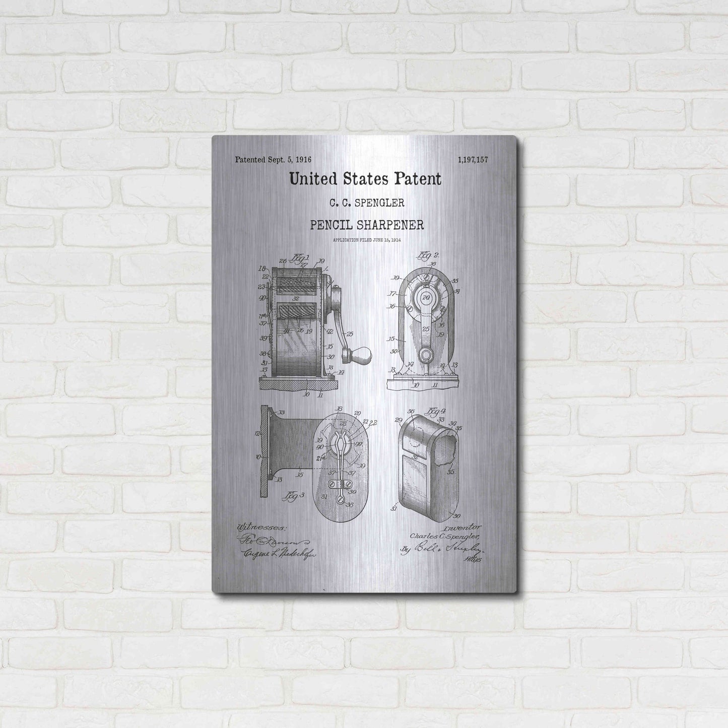 Luxe Metal Art 'Pencil Sharpener Blueprint Patent White' Acrylic Glass Wall Art,24x36