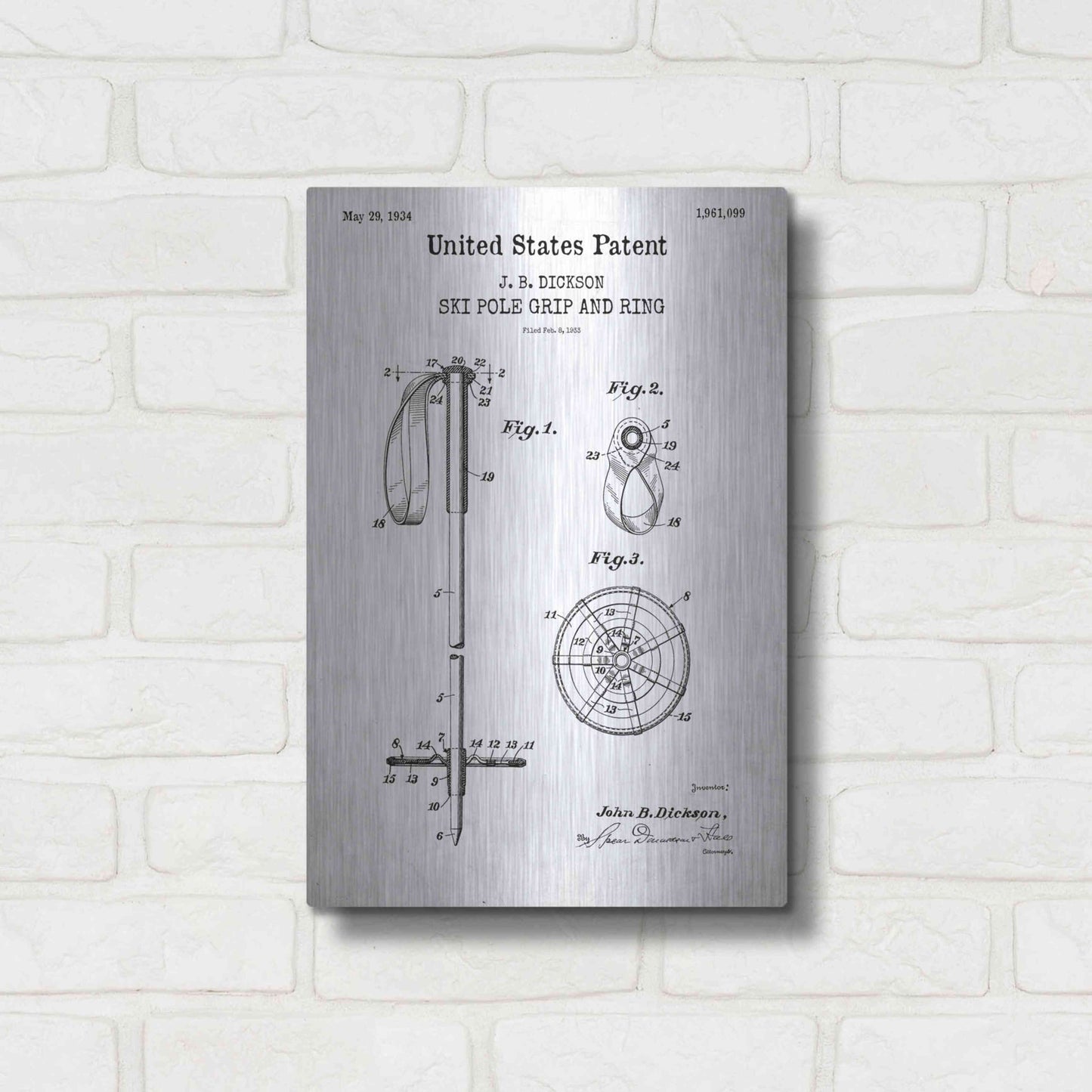 Luxe Metal Art 'Ski Pole Grip and Ring Blueprint Patent White' Acrylic Glass Wall Art,12x16