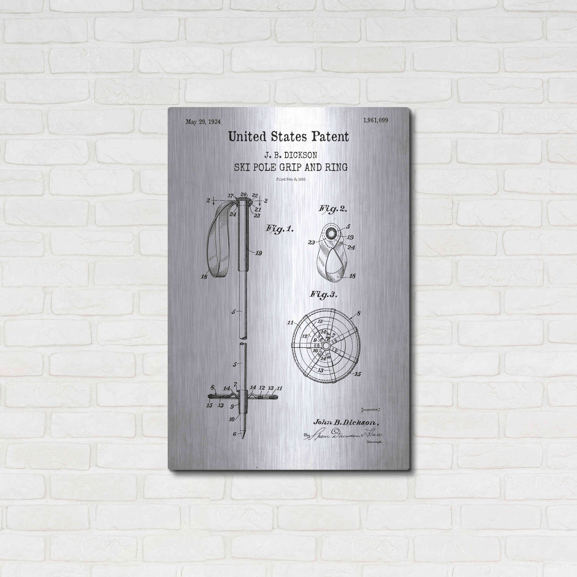 Luxe Metal Art 'Ski Pole Grip and Ring Blueprint Patent White' Acrylic Glass Wall Art,24x36