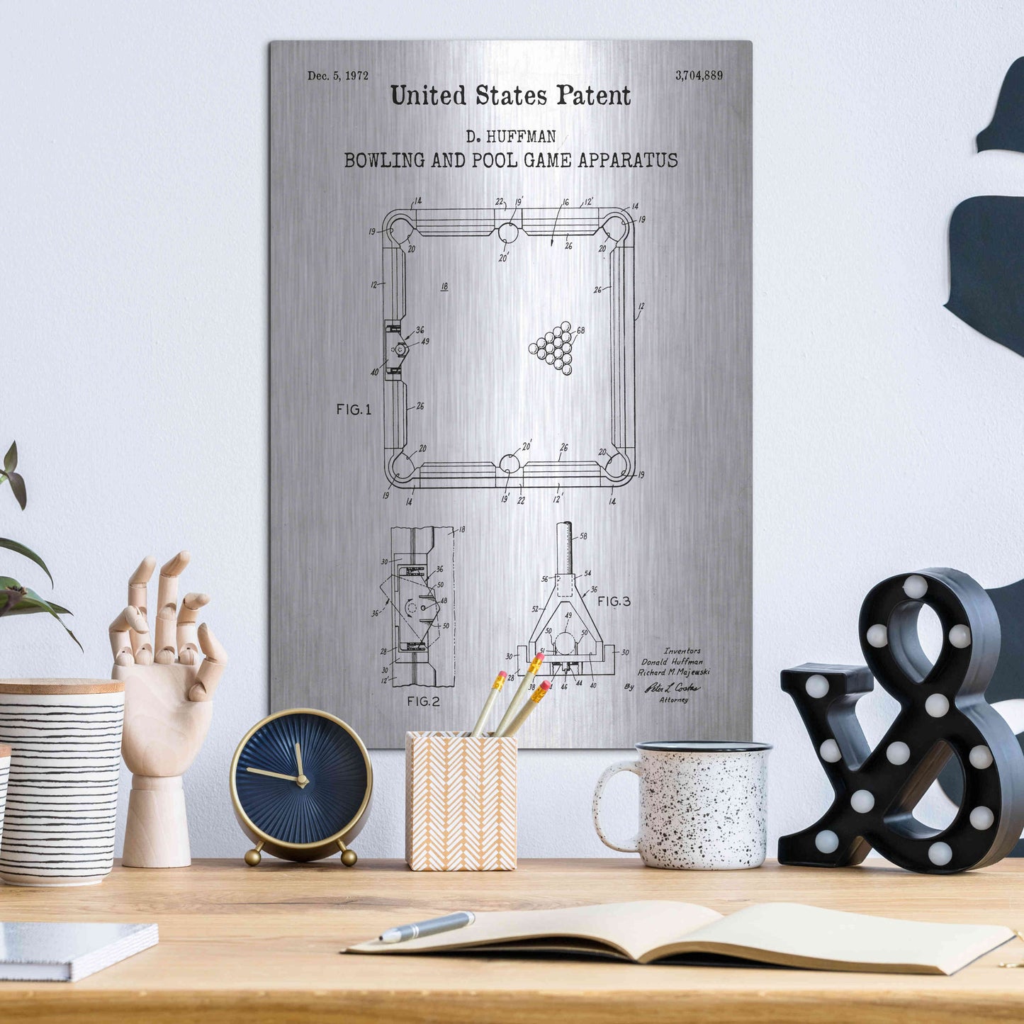 Luxe Metal Art 'Bowling and Pool Game Apparatus Blueprint Patent White' Acrylic Glass Wall Art,12x16