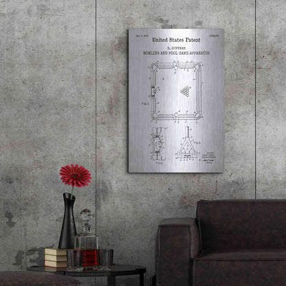 Luxe Metal Art 'Bowling and Pool Game Apparatus Blueprint Patent White' Acrylic Glass Wall Art,24x36