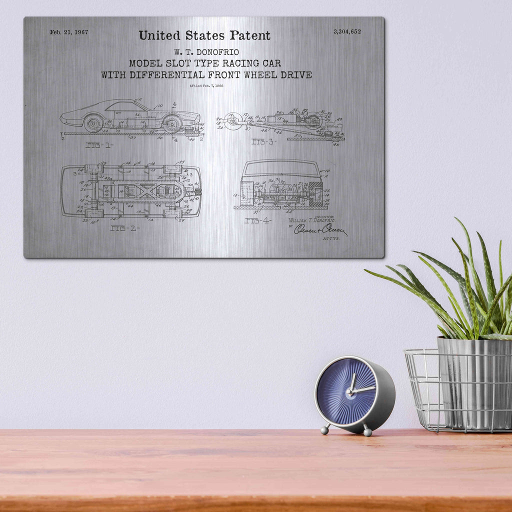 Luxe Metal Art 'Racing Car, Model Slot Type Blueprint Patent White' Metal Wall Art,16x12