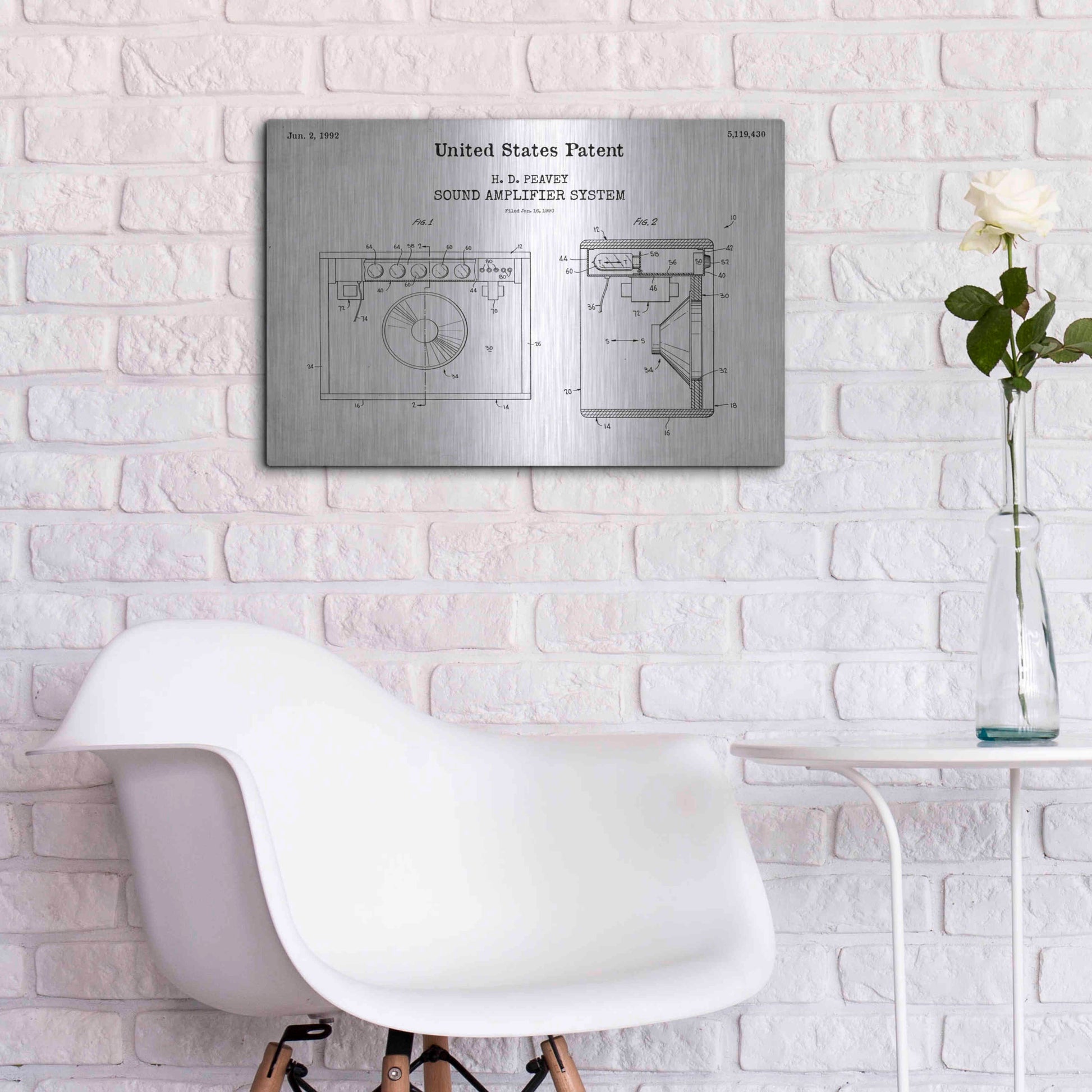 Luxe Metal Art 'Sound Amplifier Blueprint Patent White' Acrylic Glass Wall Art,24x16