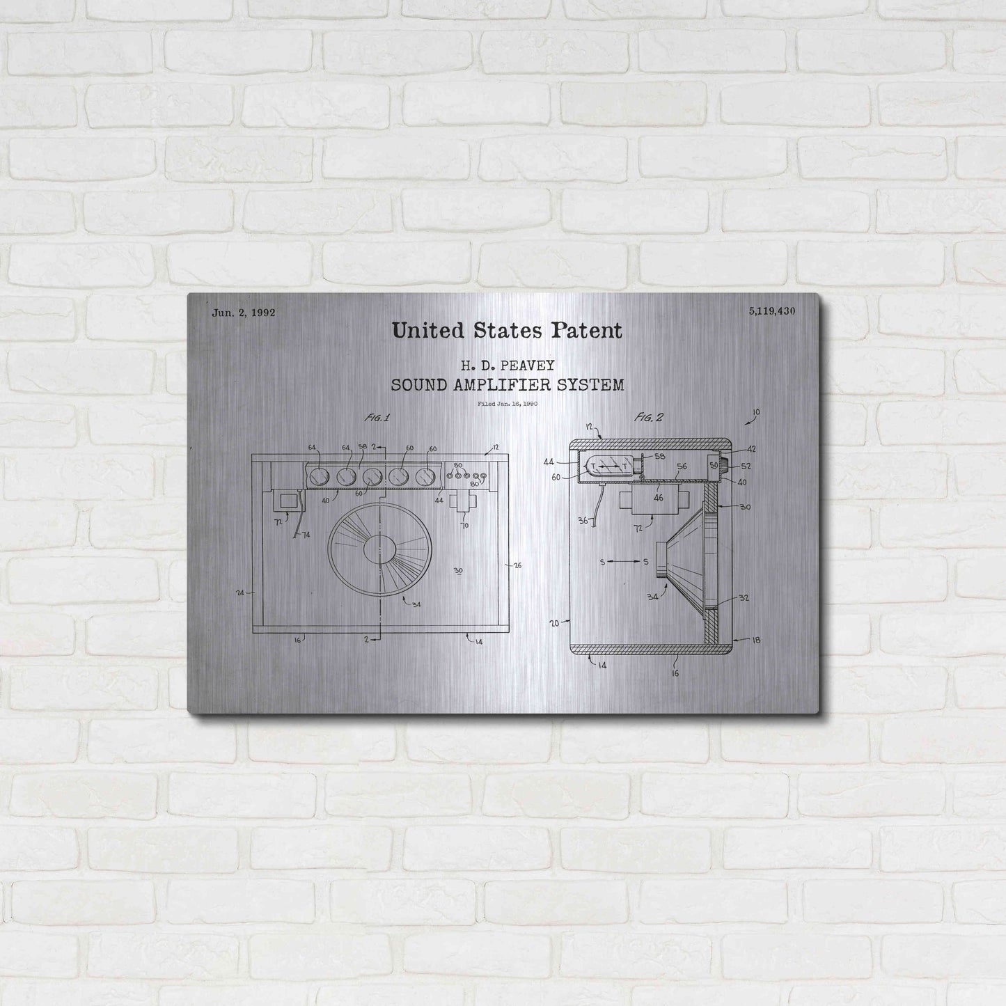 Luxe Metal Art 'Sound Amplifier Blueprint Patent White' Acrylic Glass Wall Art,36x24