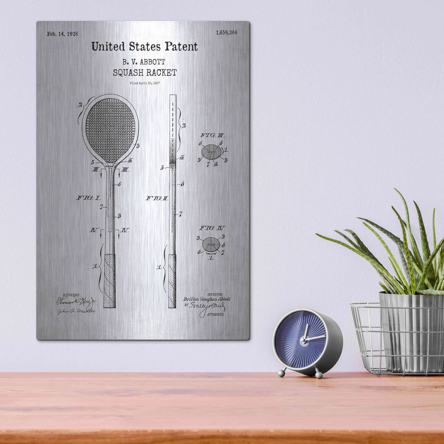 Luxe Metal Art 'Squash Racket Blueprint Patent White' Acrylic Glass Wall Art,12x16