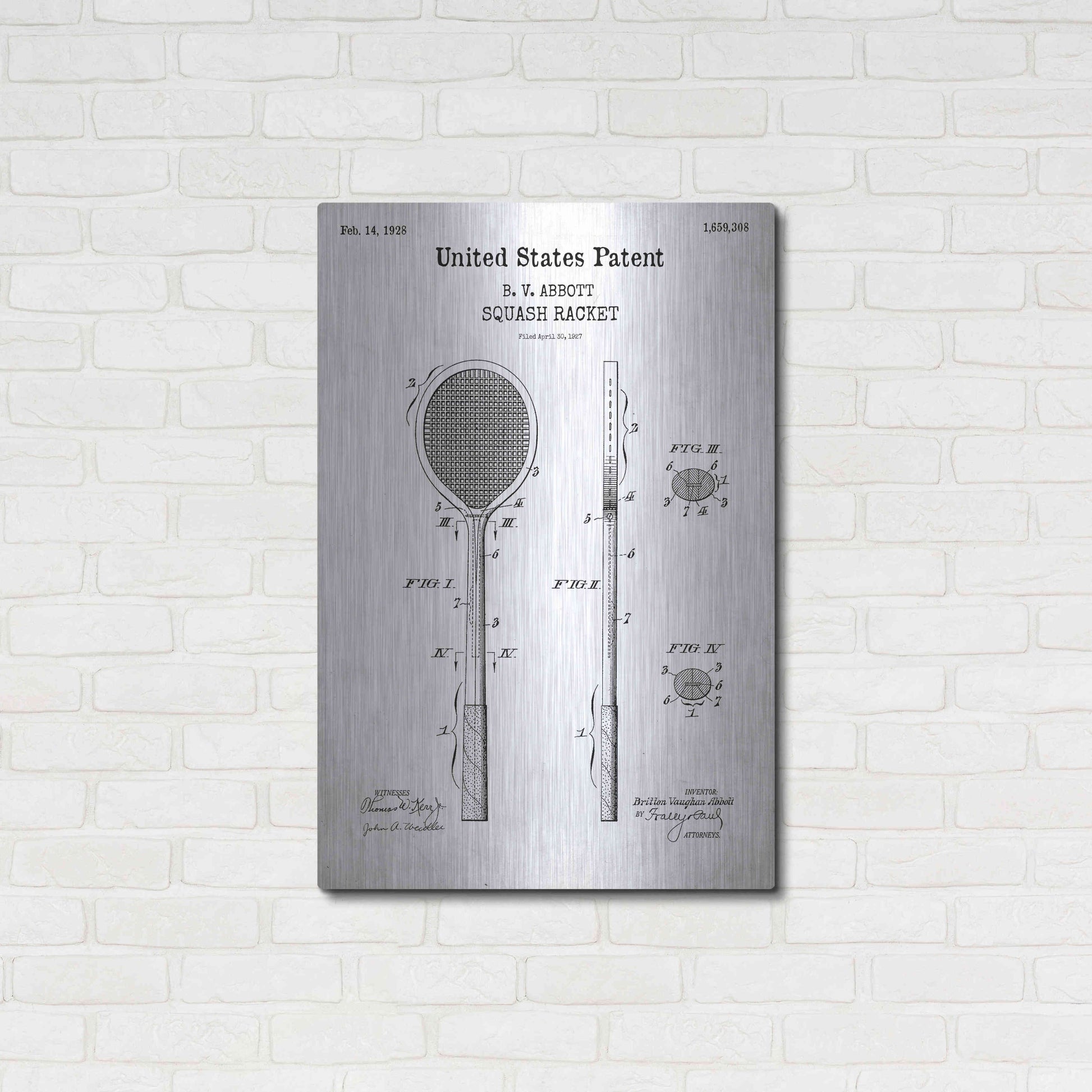 Luxe Metal Art 'Squash Racket Blueprint Patent White' Acrylic Glass Wall Art,24x36