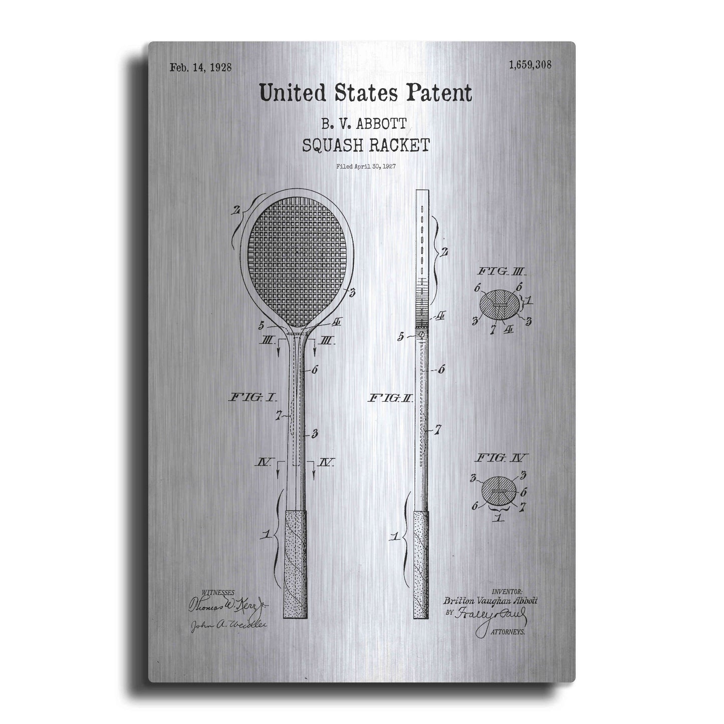 Luxe Metal Art 'Squash Racket Blueprint Patent White' Acrylic Glass Wall Art