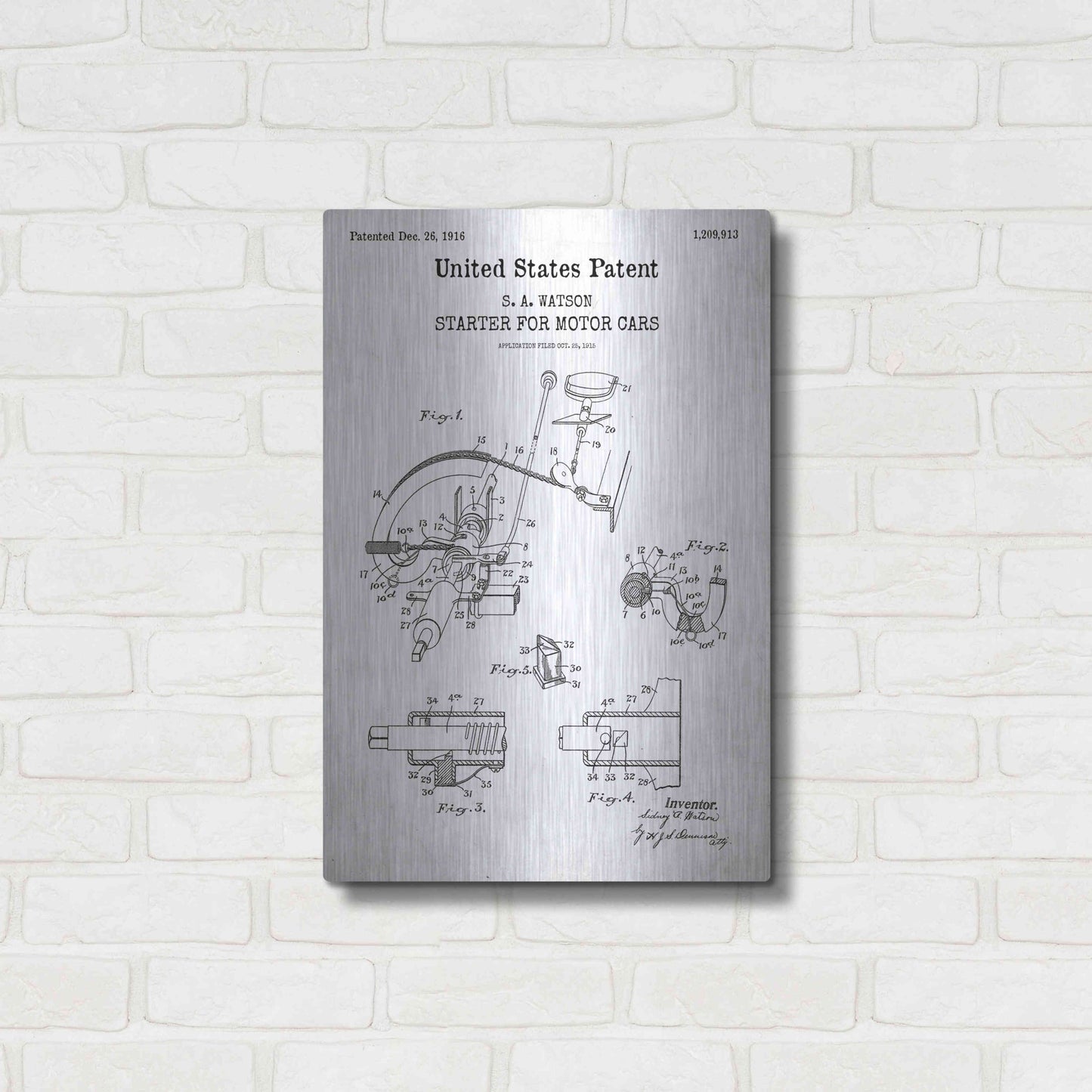 Luxe Metal Art 'Starter for Motor Cars Blueprint Patent White' Acrylic Glass Wall Art,16x24