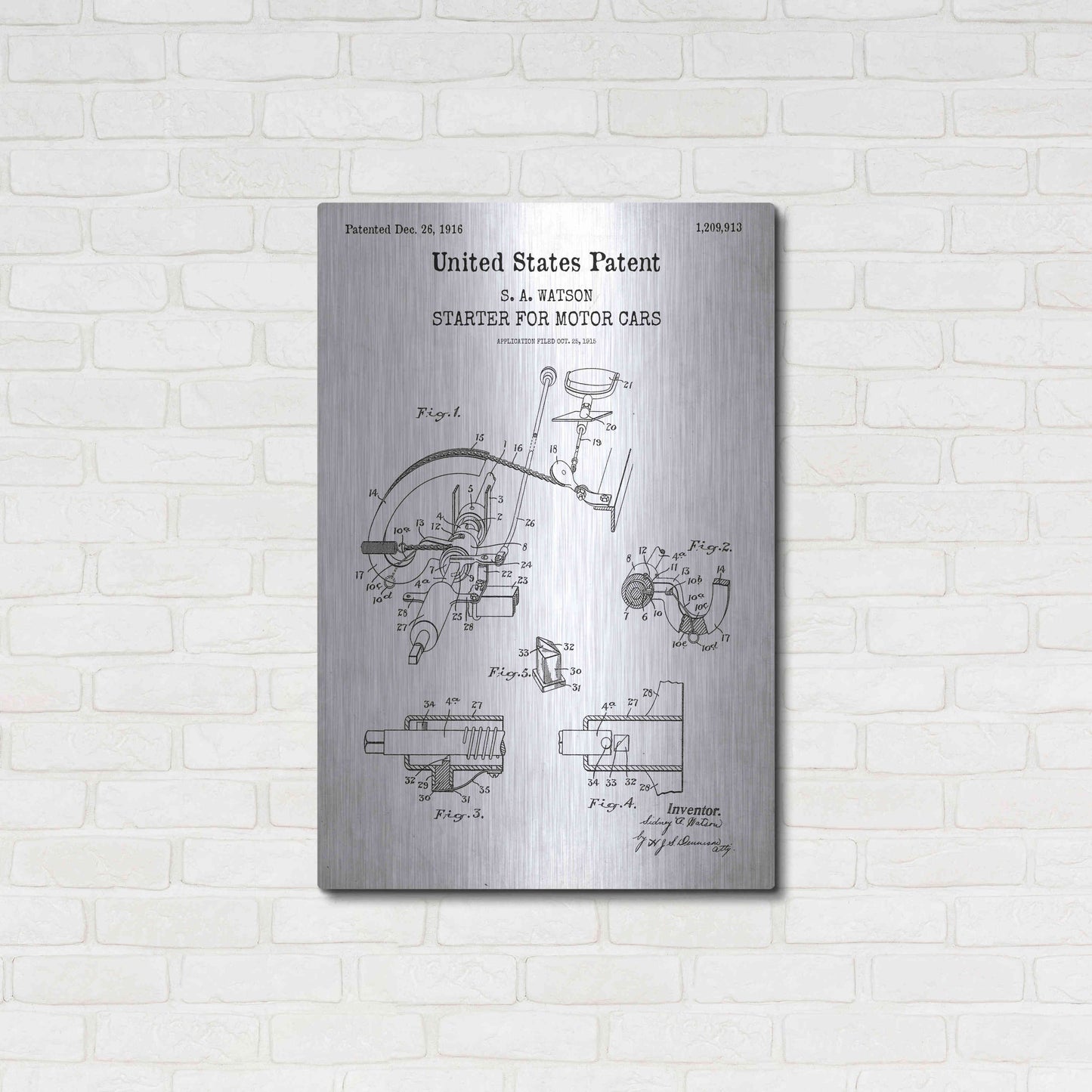 Luxe Metal Art 'Starter for Motor Cars Blueprint Patent White' Acrylic Glass Wall Art,24x36