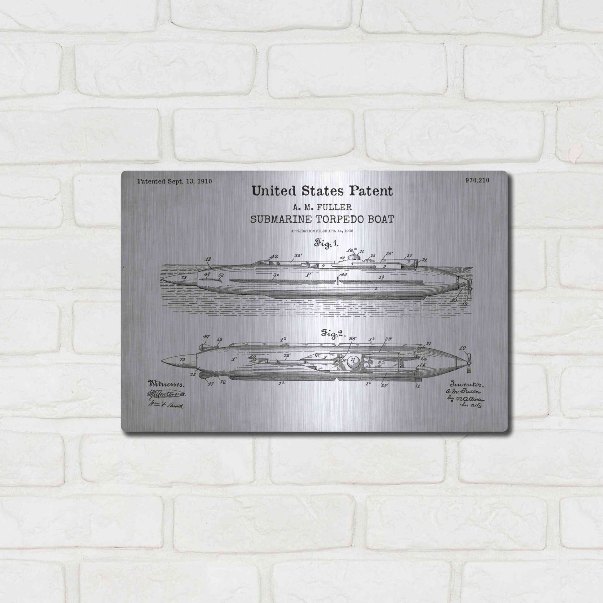 Luxe Metal Art 'Submarine Torpedo Boat Blueprint Patent White' Acrylic Glass Wall Art,16x12