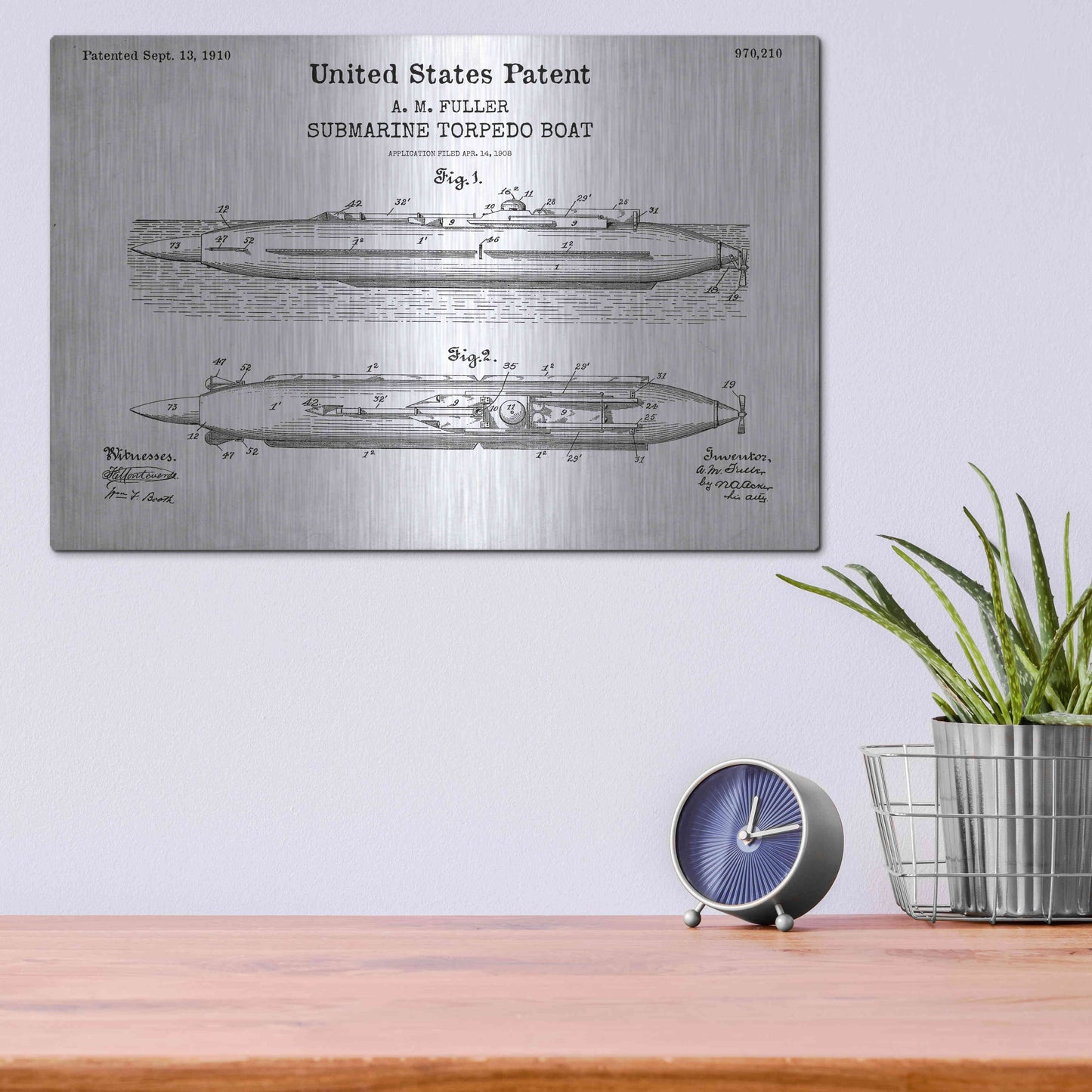 Luxe Metal Art 'Submarine Torpedo Boat Blueprint Patent White' Acrylic Glass Wall Art,16x12