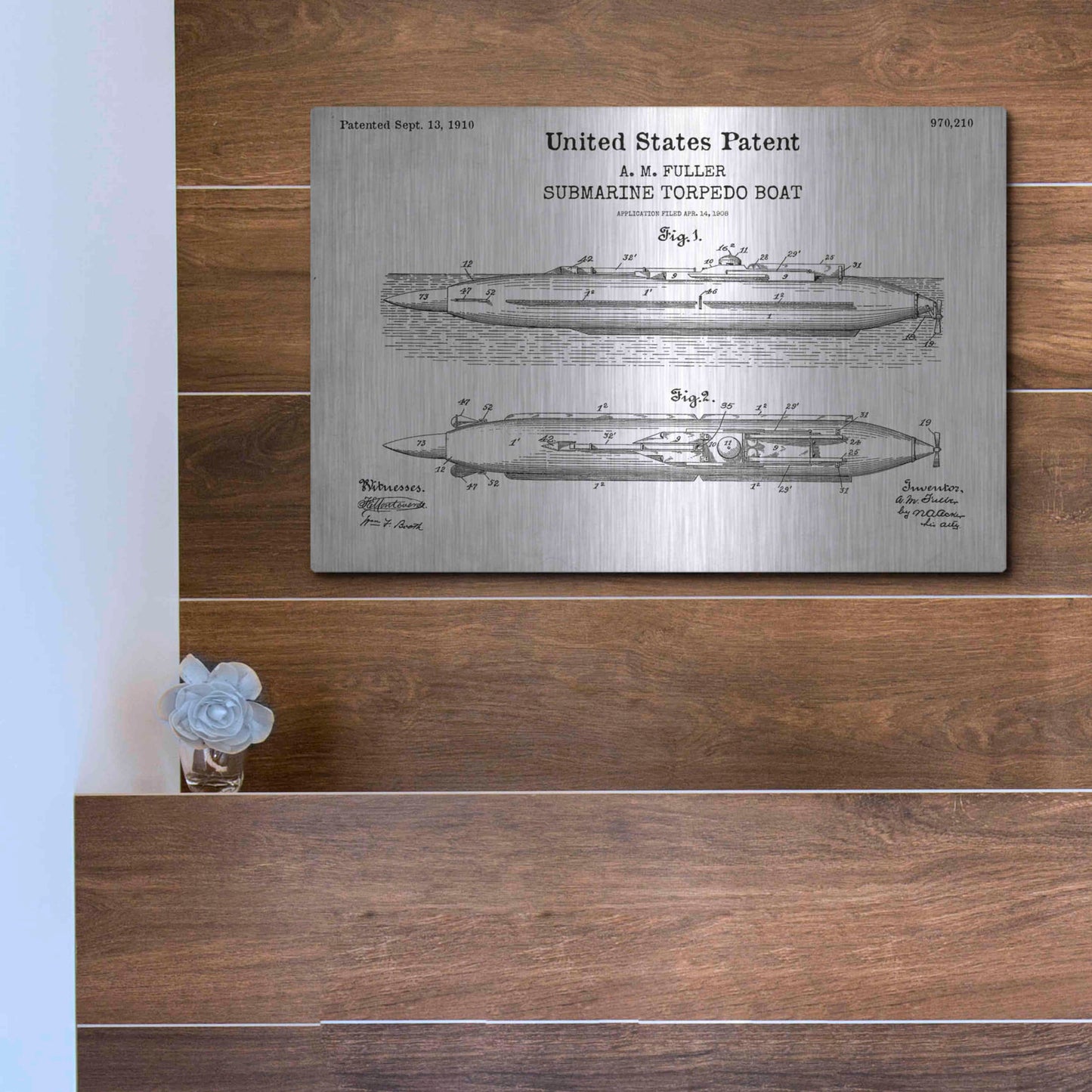 Luxe Metal Art 'Submarine Torpedo Boat Blueprint Patent White' Acrylic Glass Wall Art,16x12