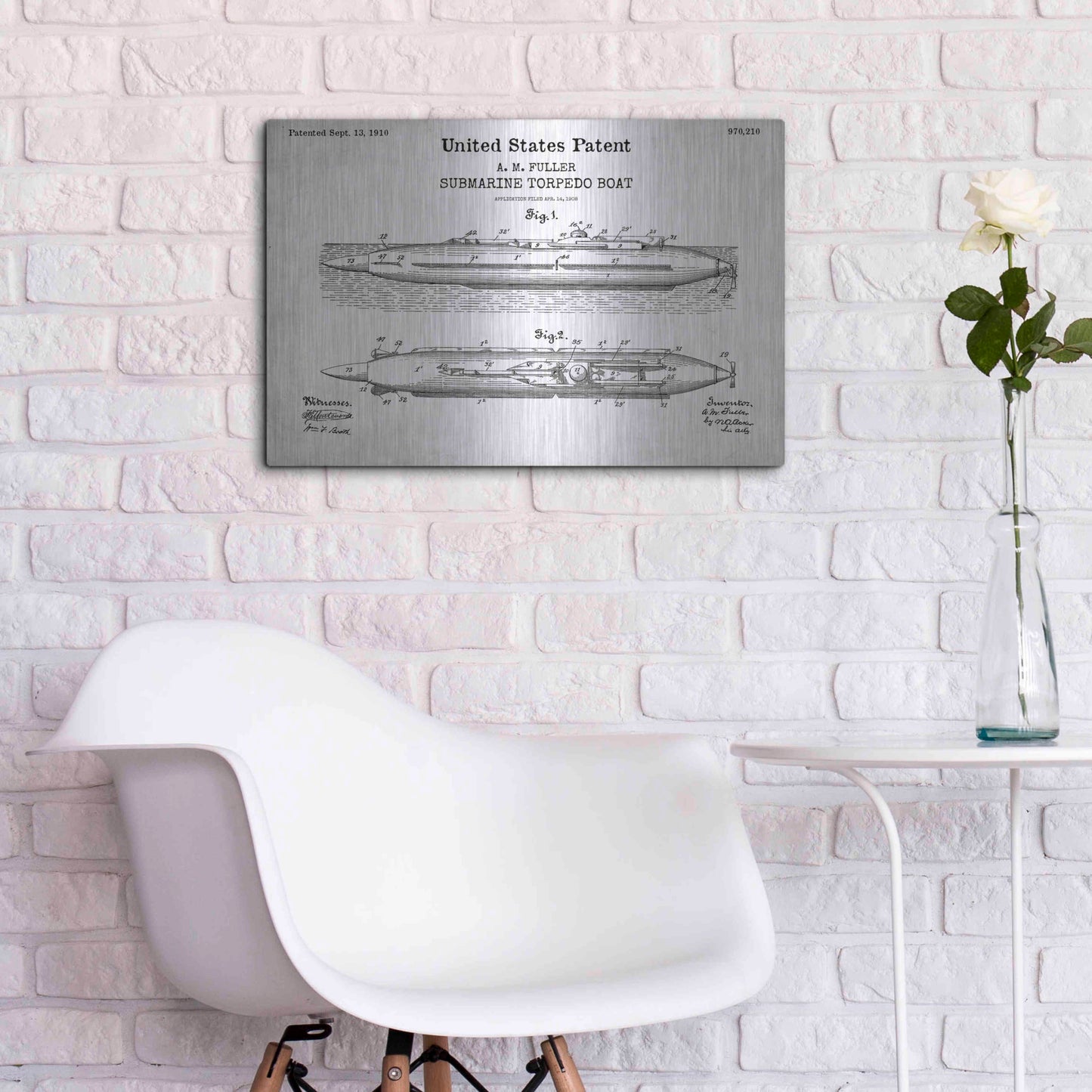 Luxe Metal Art 'Submarine Torpedo Boat Blueprint Patent White' Acrylic Glass Wall Art,24x16