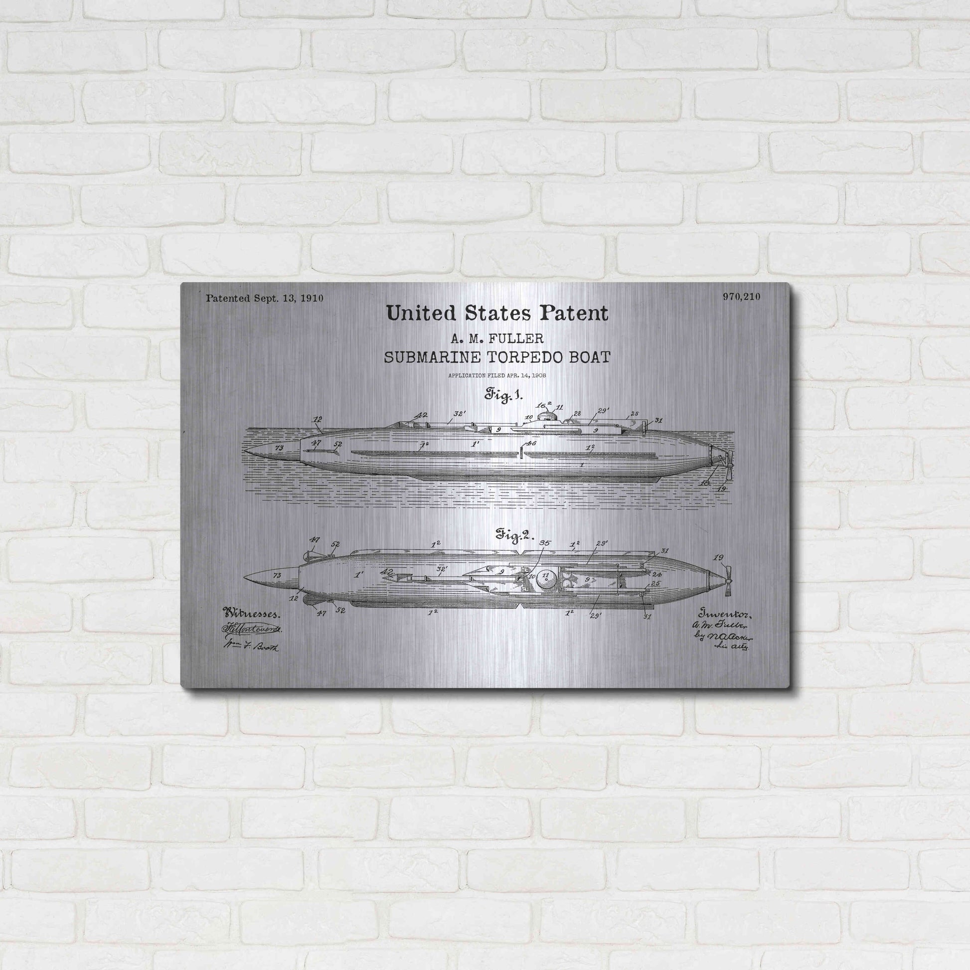 Luxe Metal Art 'Submarine Torpedo Boat Blueprint Patent White' Acrylic Glass Wall Art,36x24